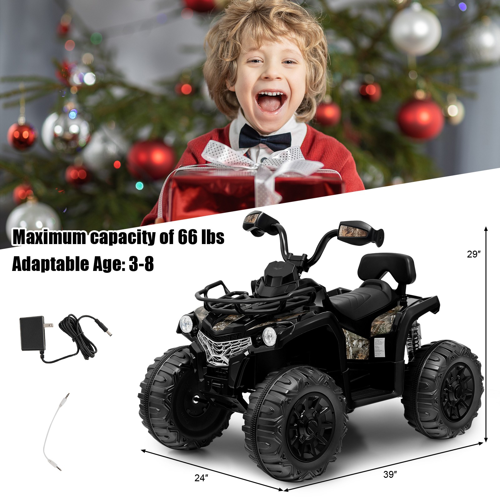 12V 2 Speeds Kids Ride ATV Electric 4-Wheeler Quad w/ Mp3 & Headlights Black