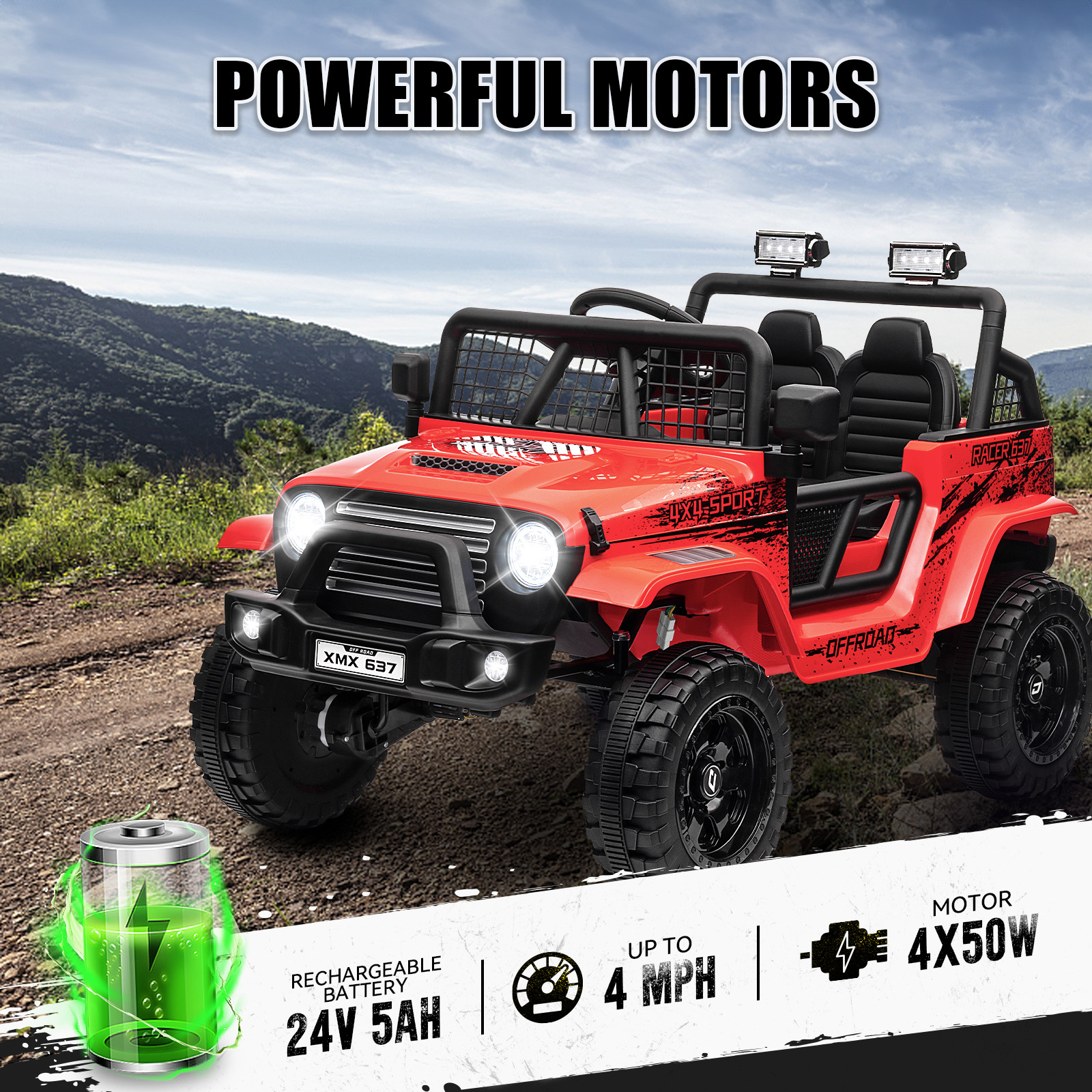 24V Ride on Jeep Car w/ Remote Control 4WD Switchable Kids Electric Car for Kid
