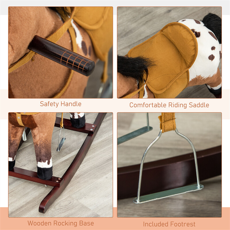 Kids Metal Plush Ride-On Rocking Horse Chair Toy w/ Sounds – Dark Brown/White