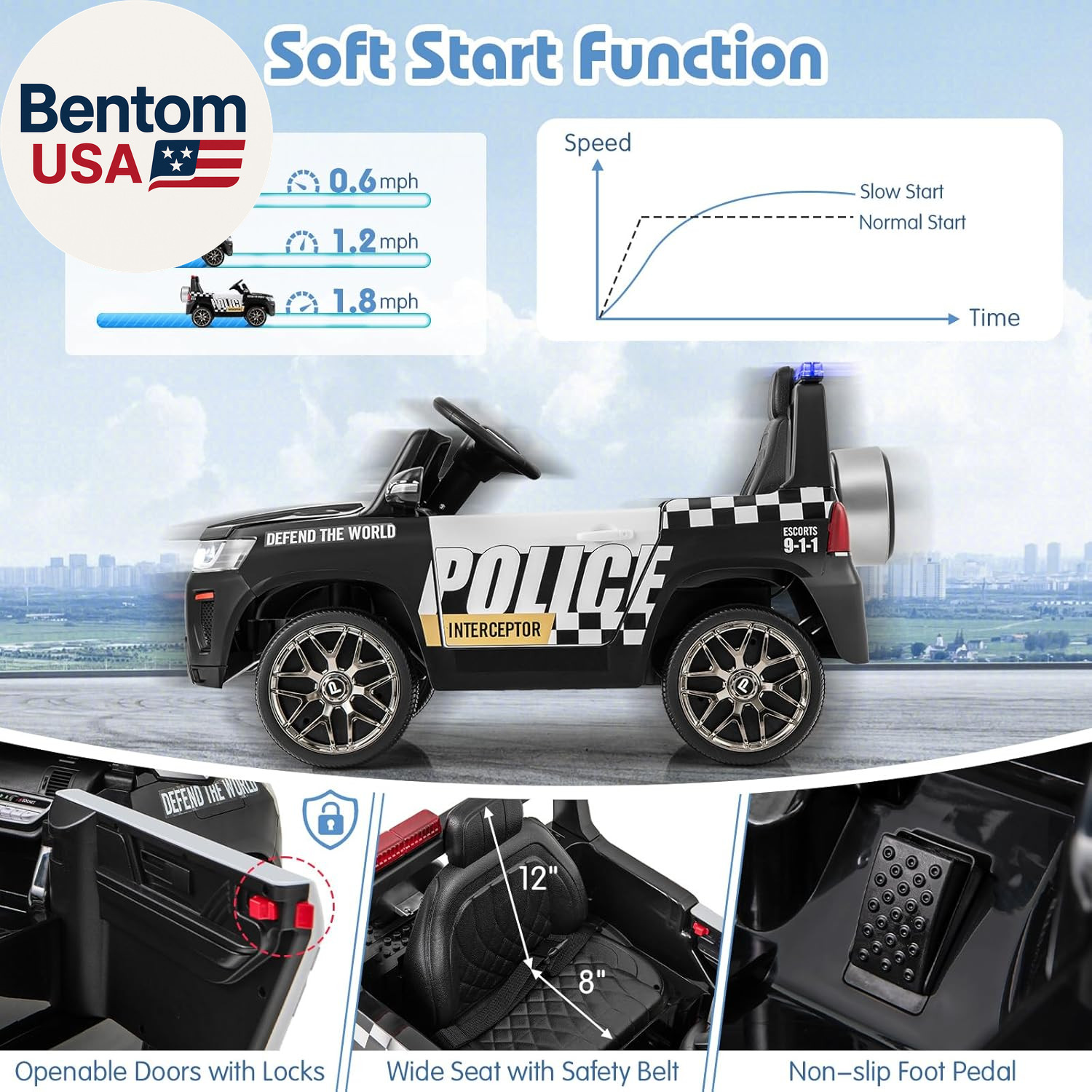 Police Car Ride On, 12V Battery Powered Toy Cop Cars W/Remote Control, LED Flash
