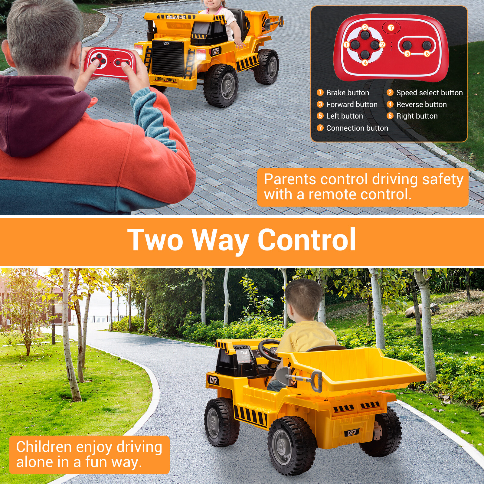 Kids’ 12V Electric Ride-On Dump Truck with Electric Bed, Shovel & Music Feature!