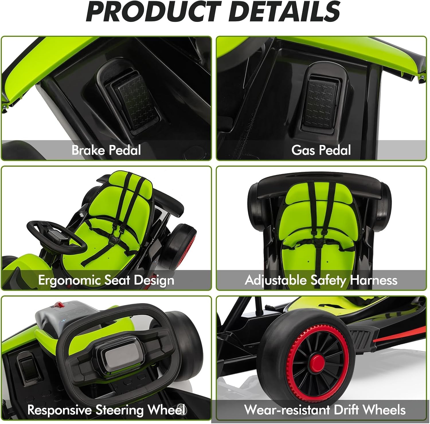 Kids Electric Drift Kart – 200W Dual Motor, 5-Point Belt & 110LBS Capacity Green