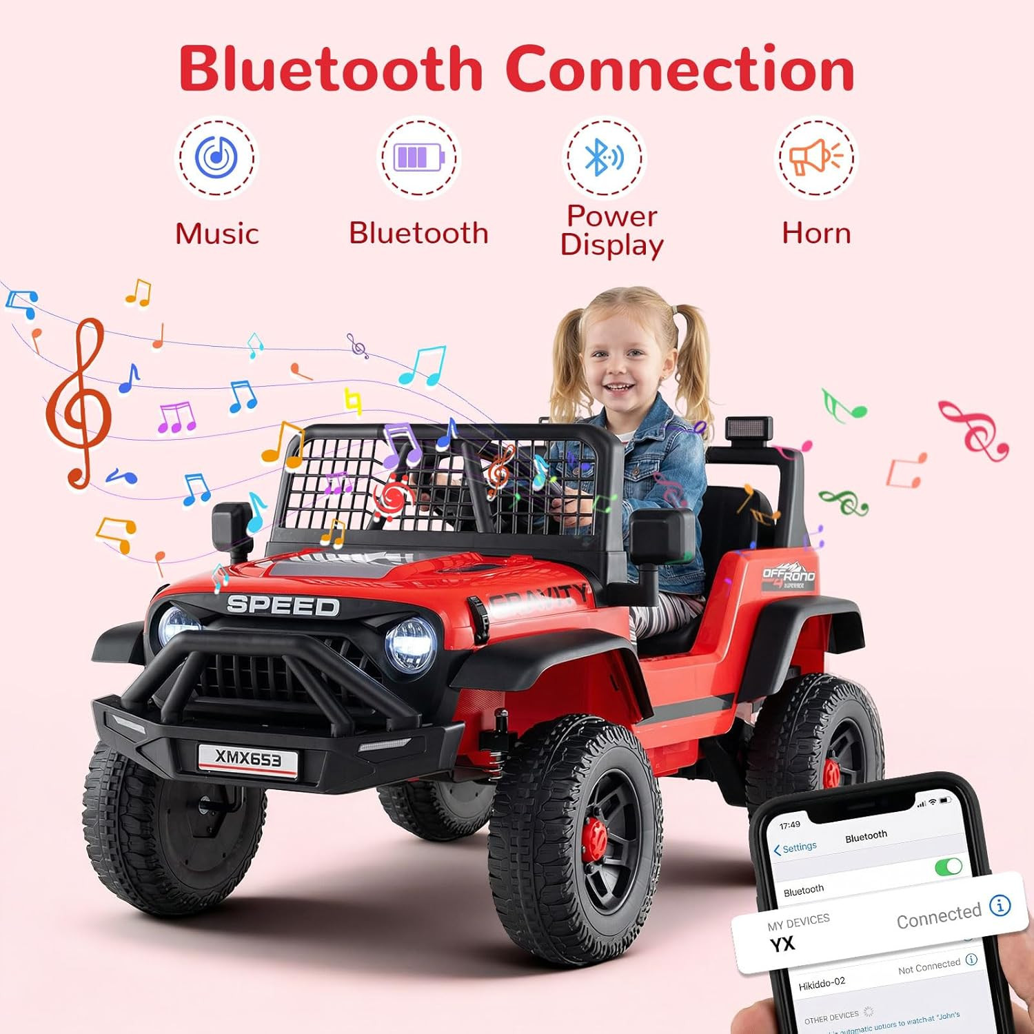24V Ride on Car with Remote Control, Bluetooth, LED Lights, Horn, Spring Suspens