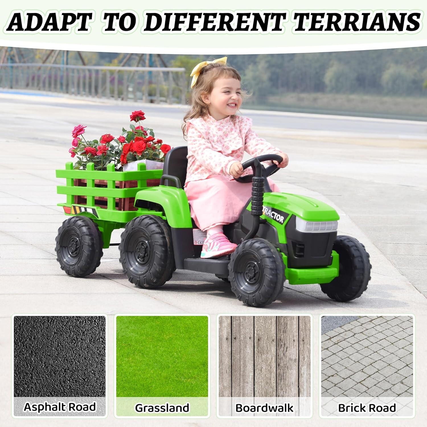 TOBBI 12V Kids Ride On Tractor Battery-Powered Toy with Trailer for Toddlers