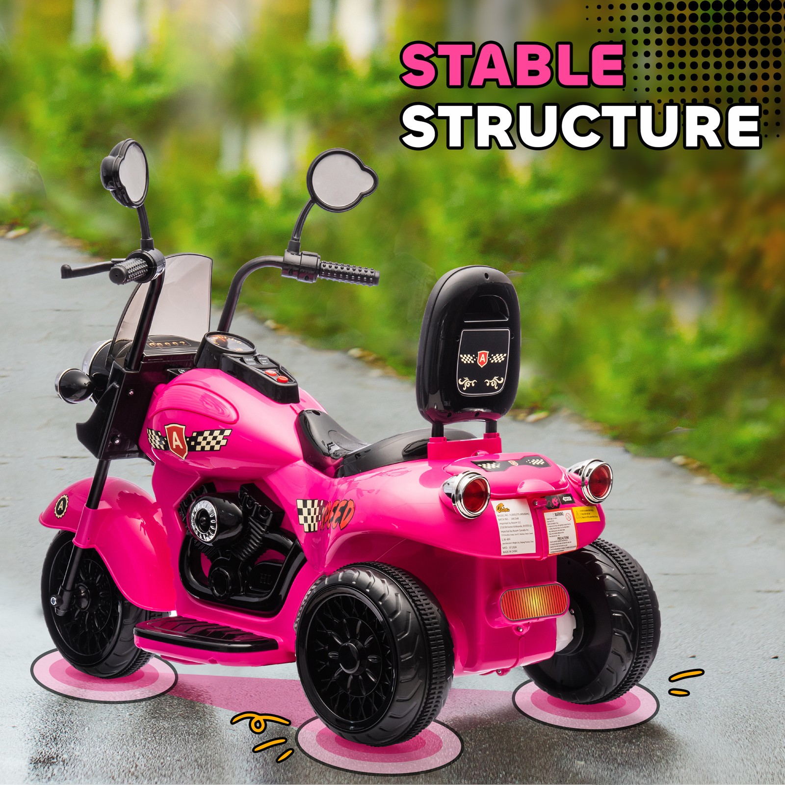 6V 3 Wheel Electric Motorcycle for Kids w/ Headlights, Music, Pink