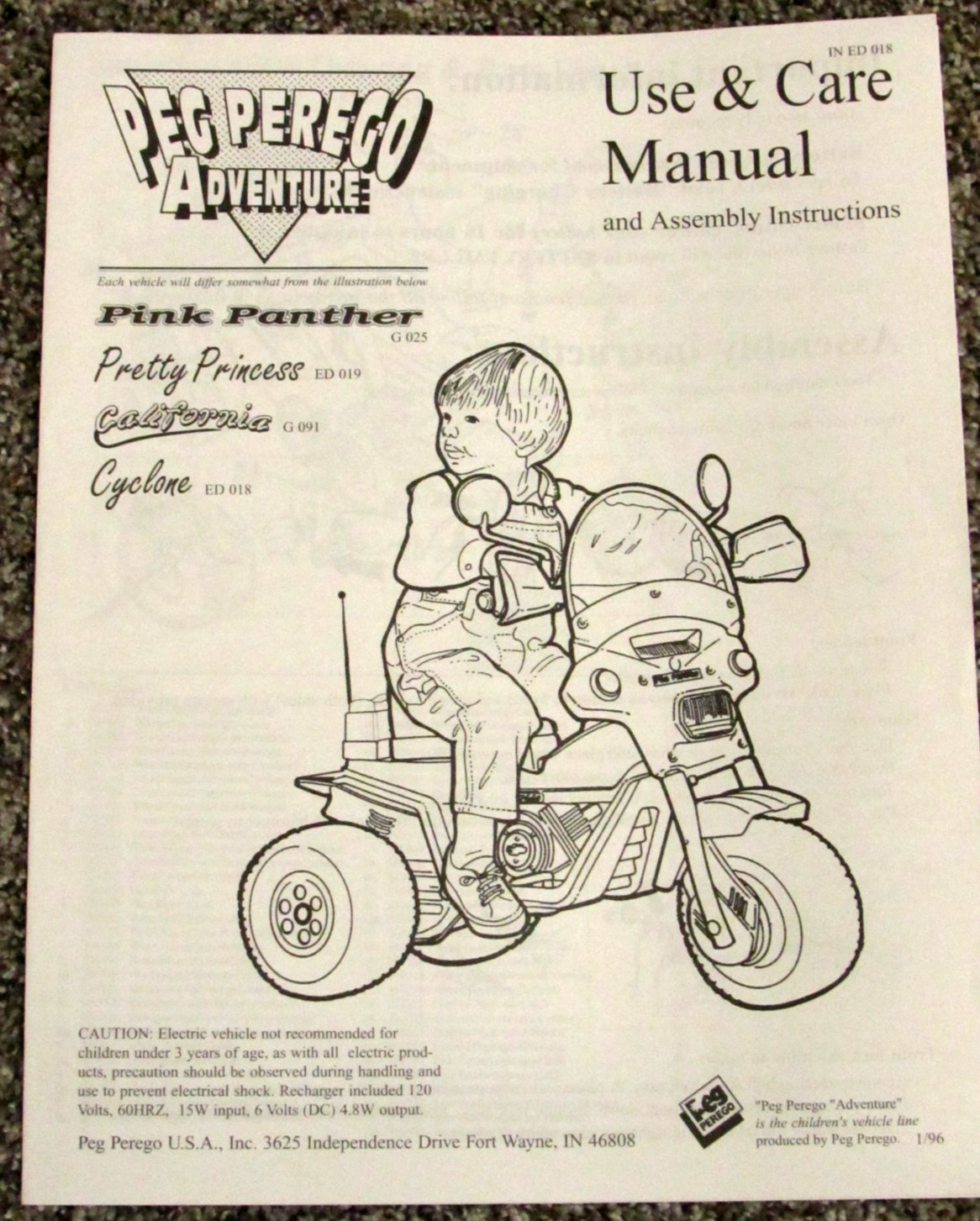 Peg Perego Pretty Princess California Cyclone Use & Care Owners Manual 1/96