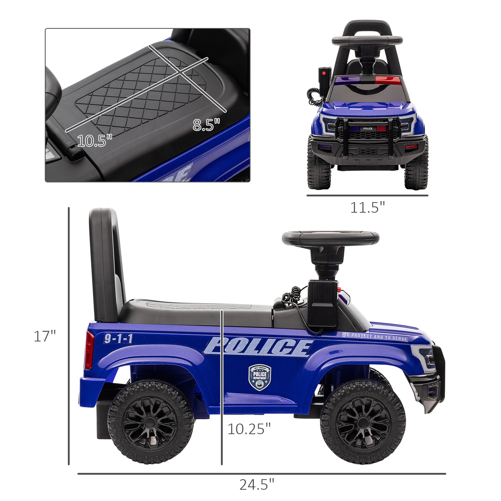 Kids Push Ride On Police Car W/ Horn, for 18 Months – 5 Years Old, Blue