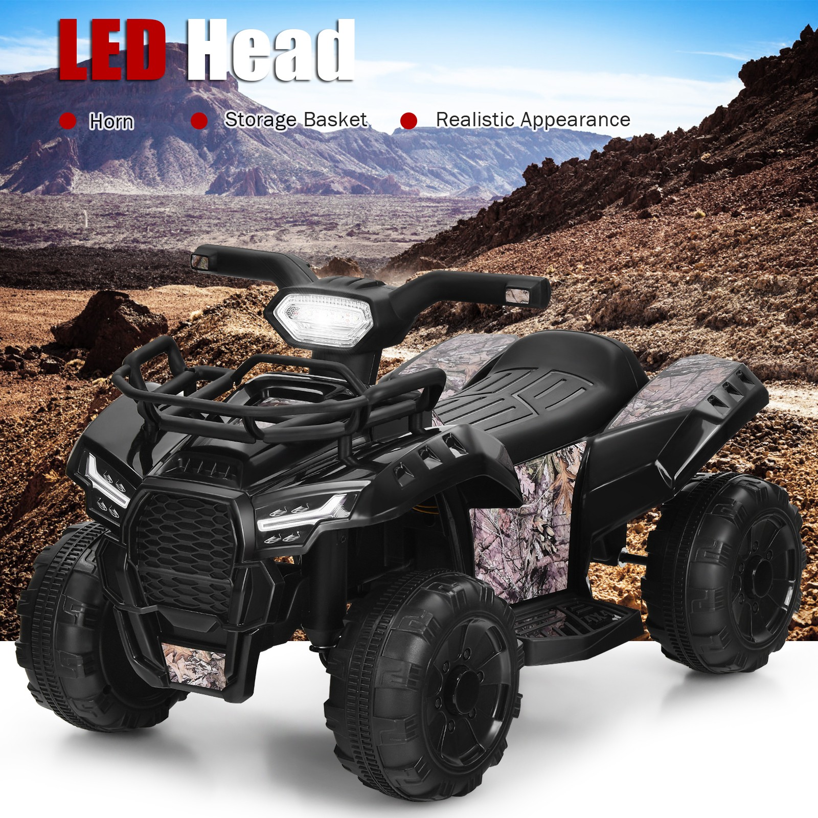 Honeyjoy Kids 6V ATV Quad Electric Ride On Car Toy Toddler w/LED Light&MP3 Black