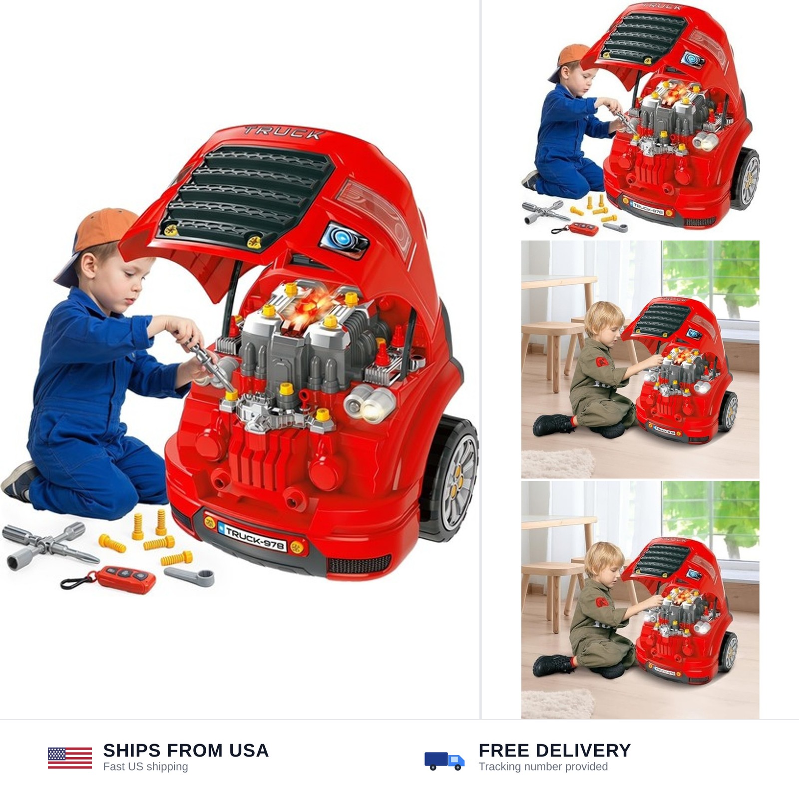 Qaba Truck Engine Toy, Kids Mechanic Set with Lights, Sounds, Steering Wheel …
