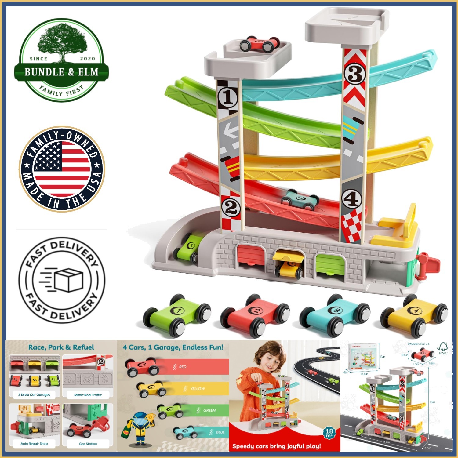 Toddler Race Track Car Ramp Toy Set with 4 Cars and Parking Garage
