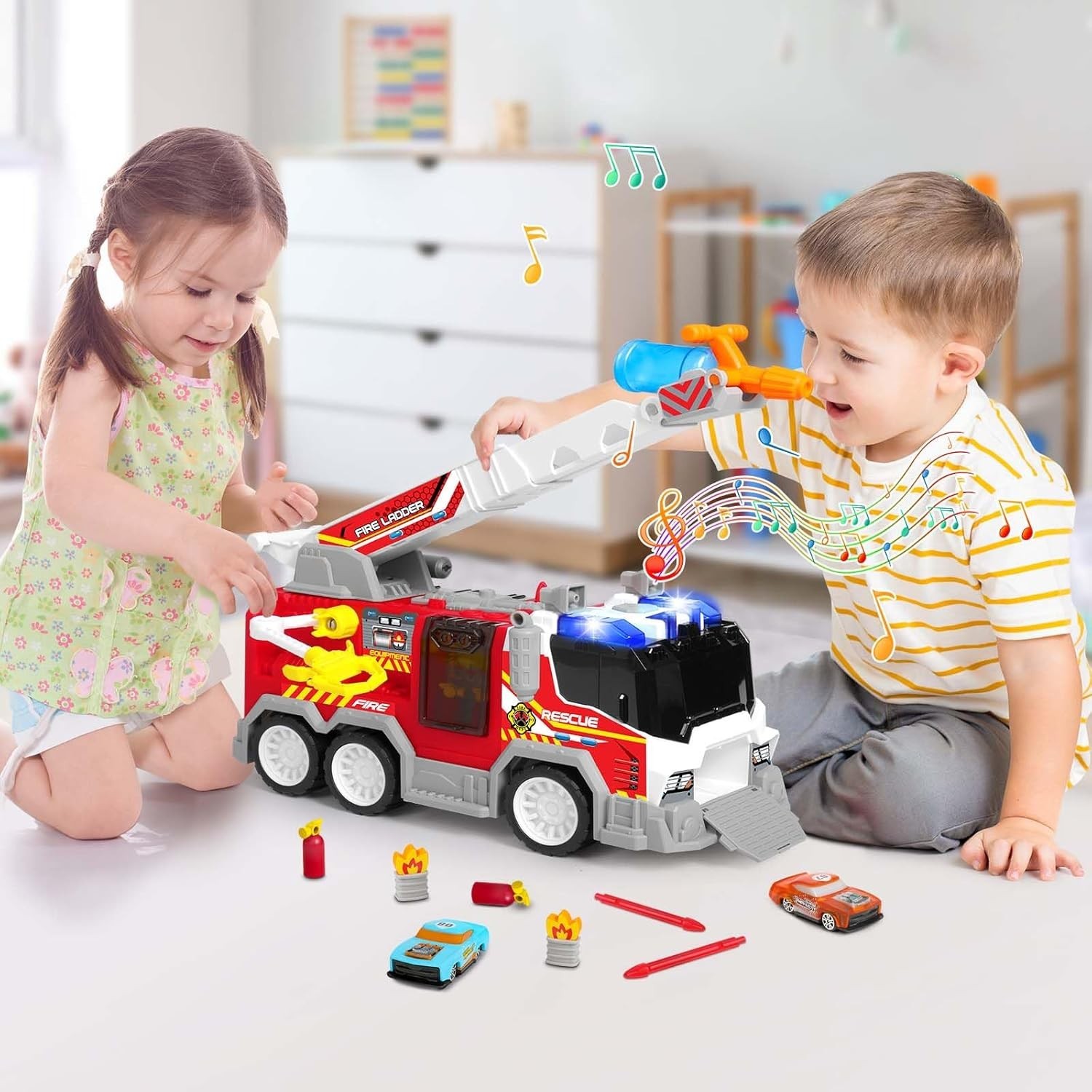 Big Fire Trucks for Toddlers 3 4 5 6 7,2PCS Ejecting Race Cars 18-Inch,Ladder..