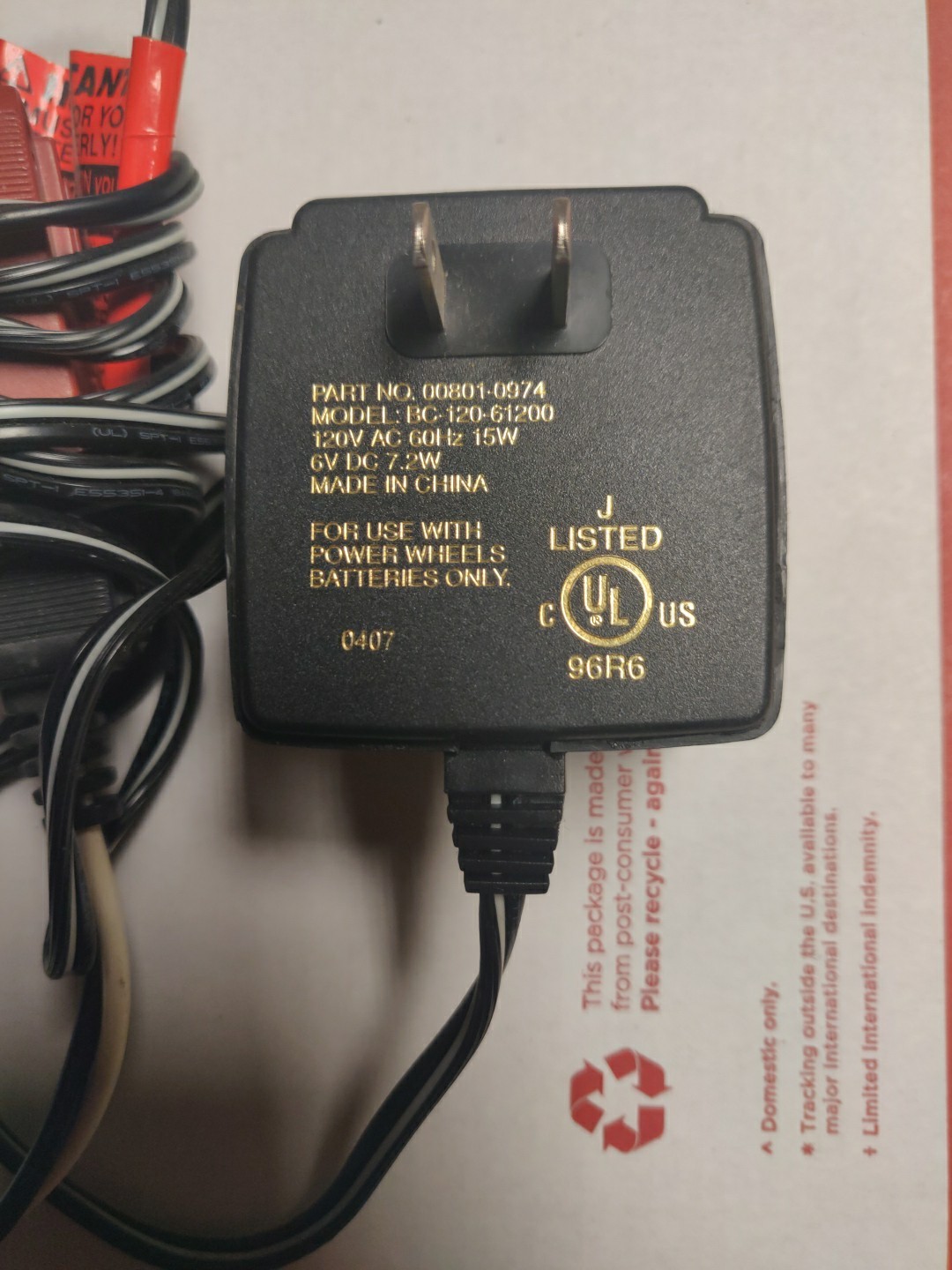 Original Power Wheels 00801-0974 Battery Charger BC-120-61200 6V