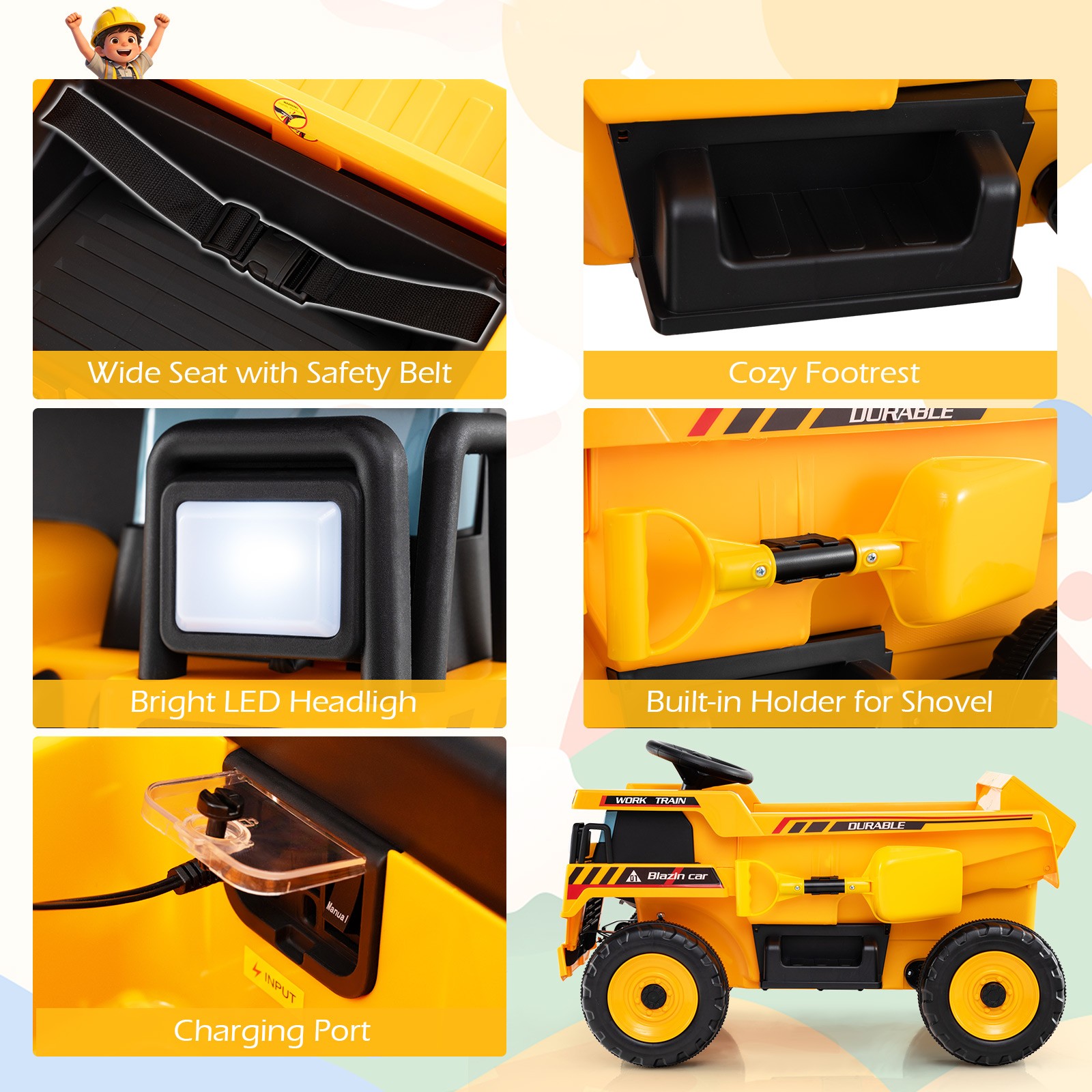 24V Ride on Dump Truck for Kids,4-Wheeler Construction Electric Vehicle w/Shovel