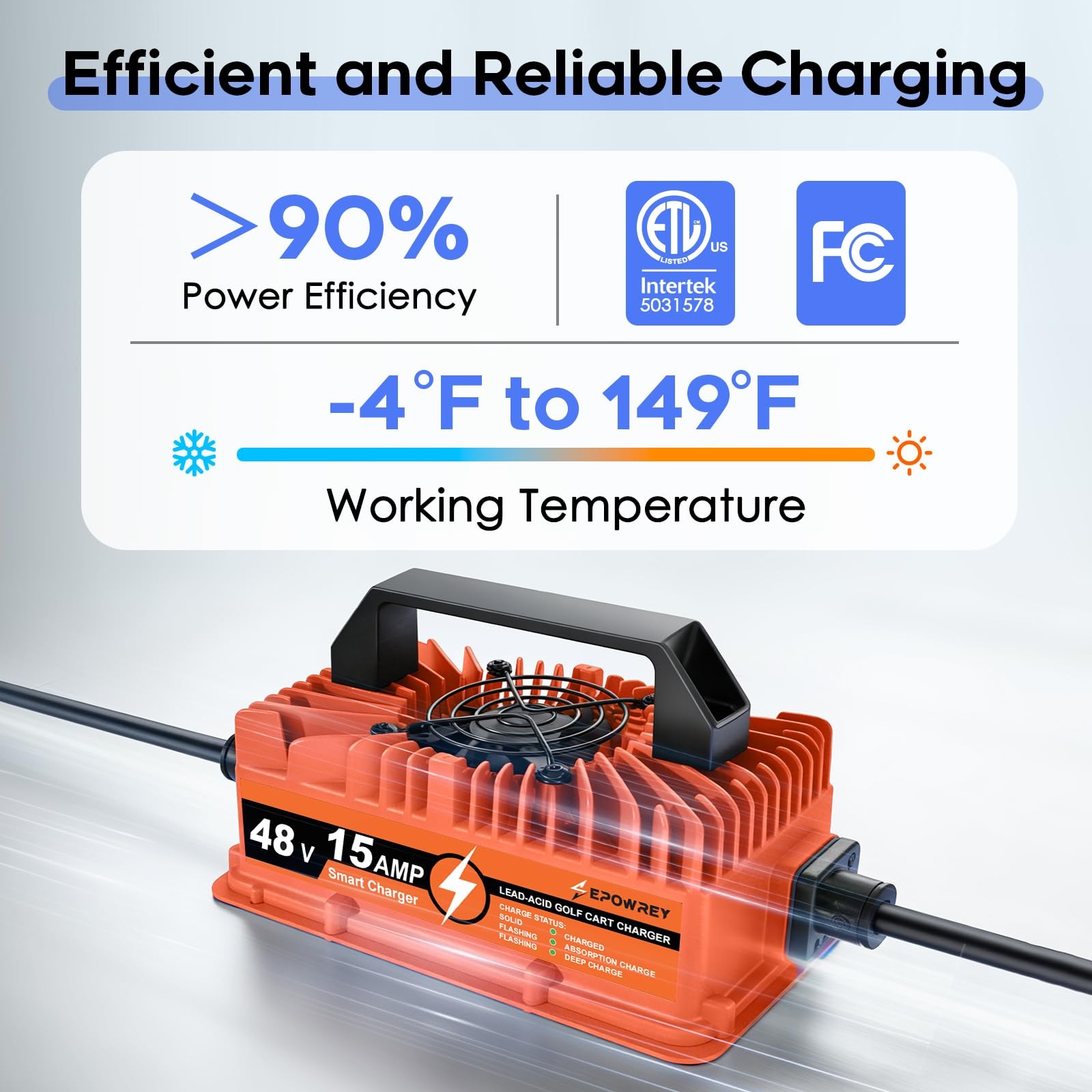 48V 15A Golf Cart Battery Charger for Club Car Precedent & DS 3-Pin Round Plug