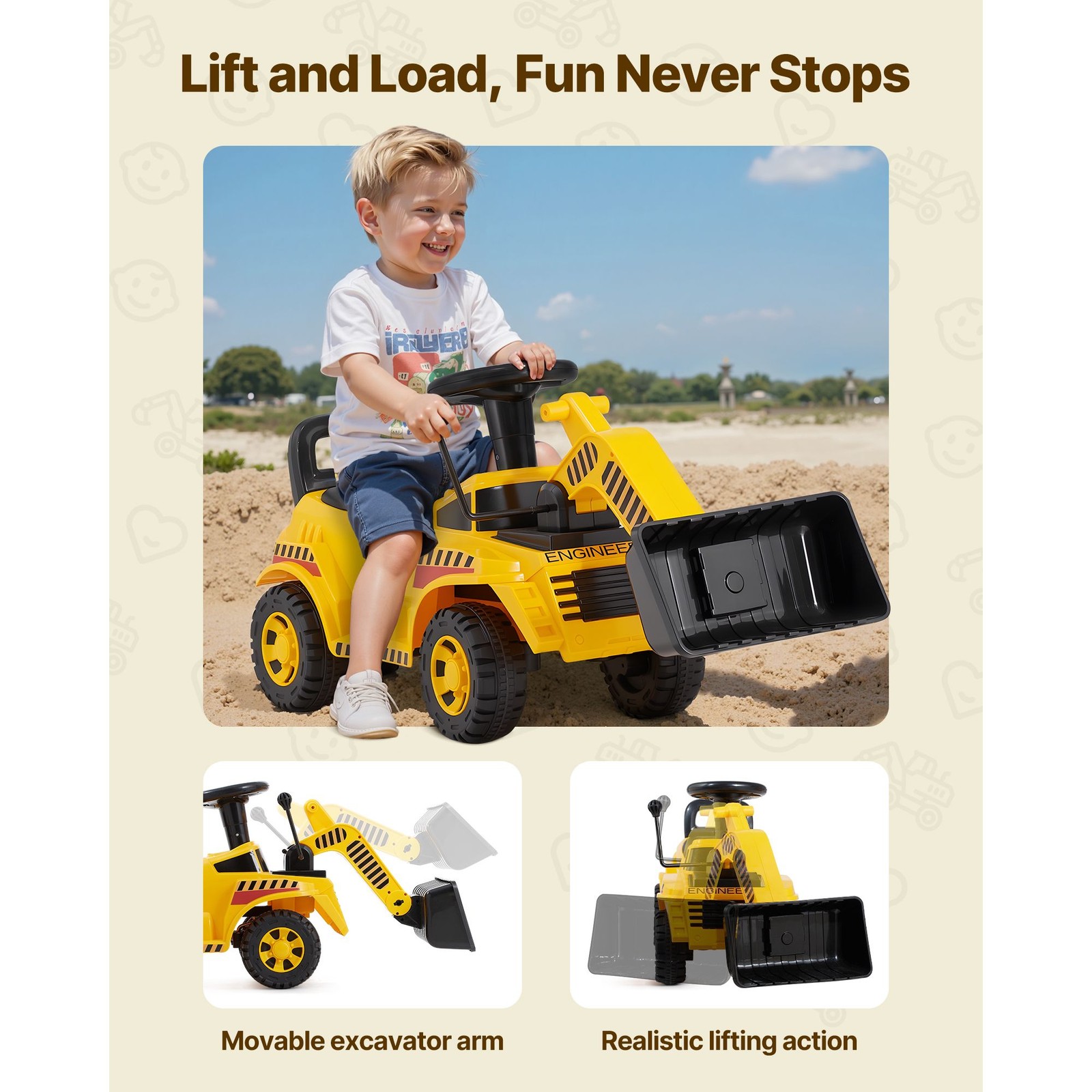 Toddler Ride On Excavator Car with Storage & Music, Foot – to – Floor Walker, 55