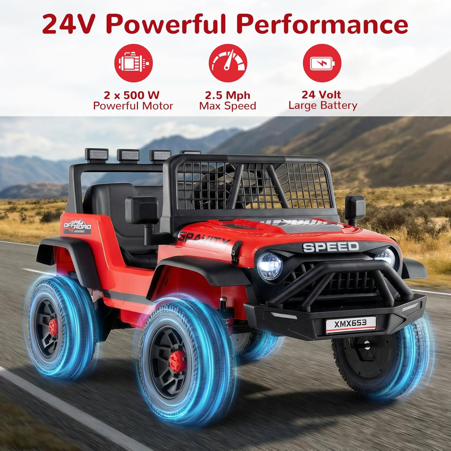 24V Ride on Car with Remote Control, Bluetooth, LED Lights, Horn, Spring Suspens
