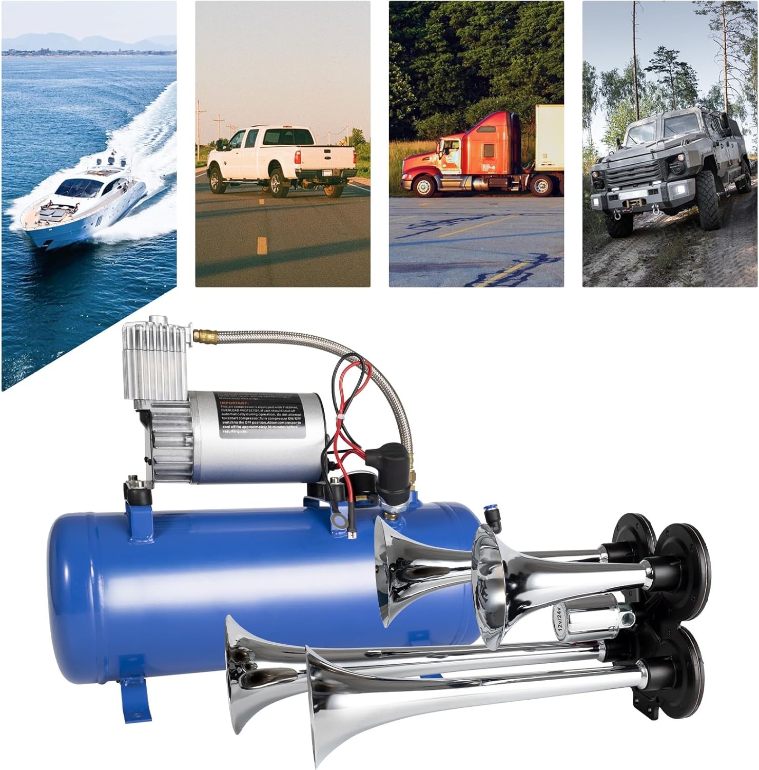 180db Train Horn Kit with 150 PSI Air Tank, Four Trumpet Air horns for Truck,