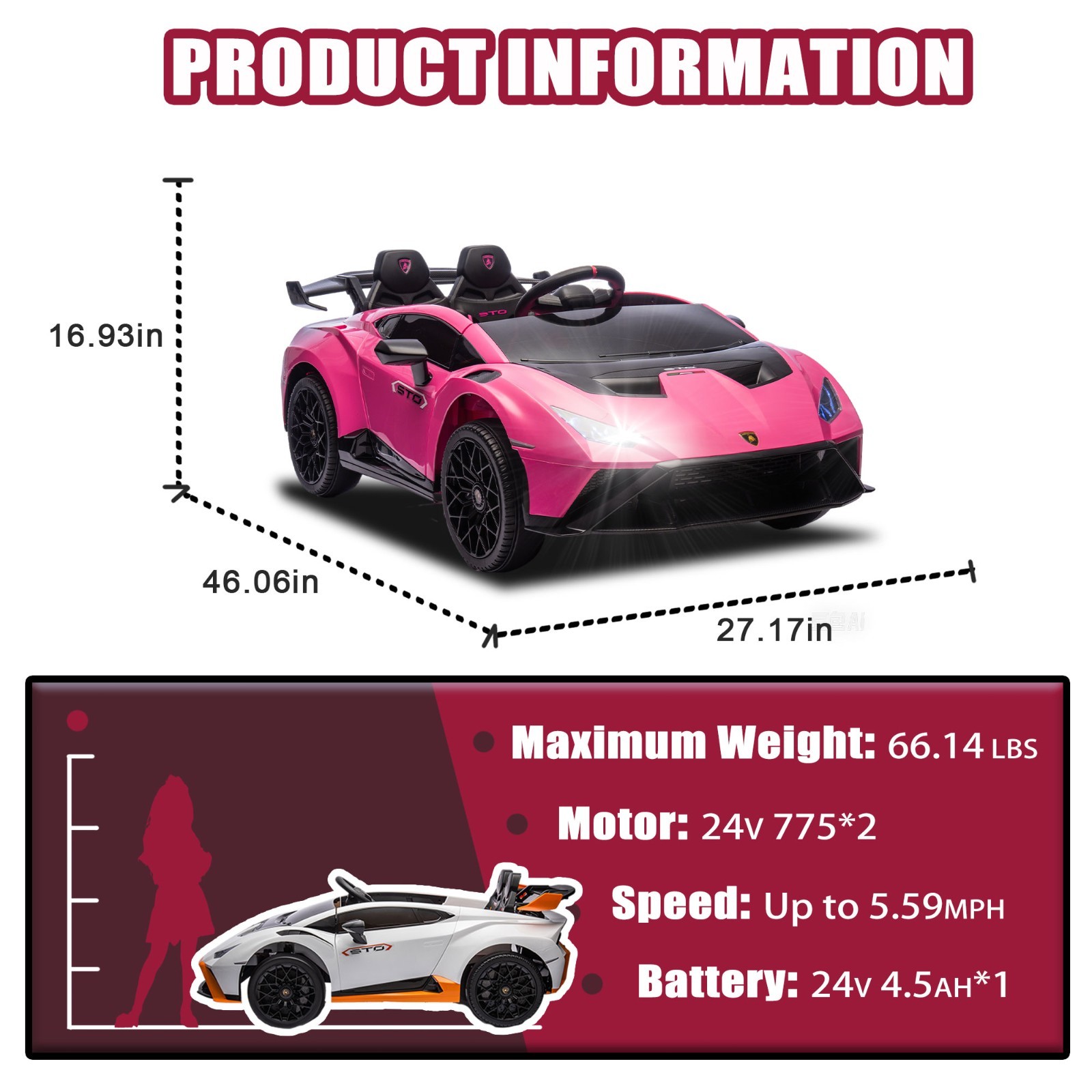 24V Kids Electric Car Ride On Drift Lamborghini Licensed STO Toys w/Remote, Pink