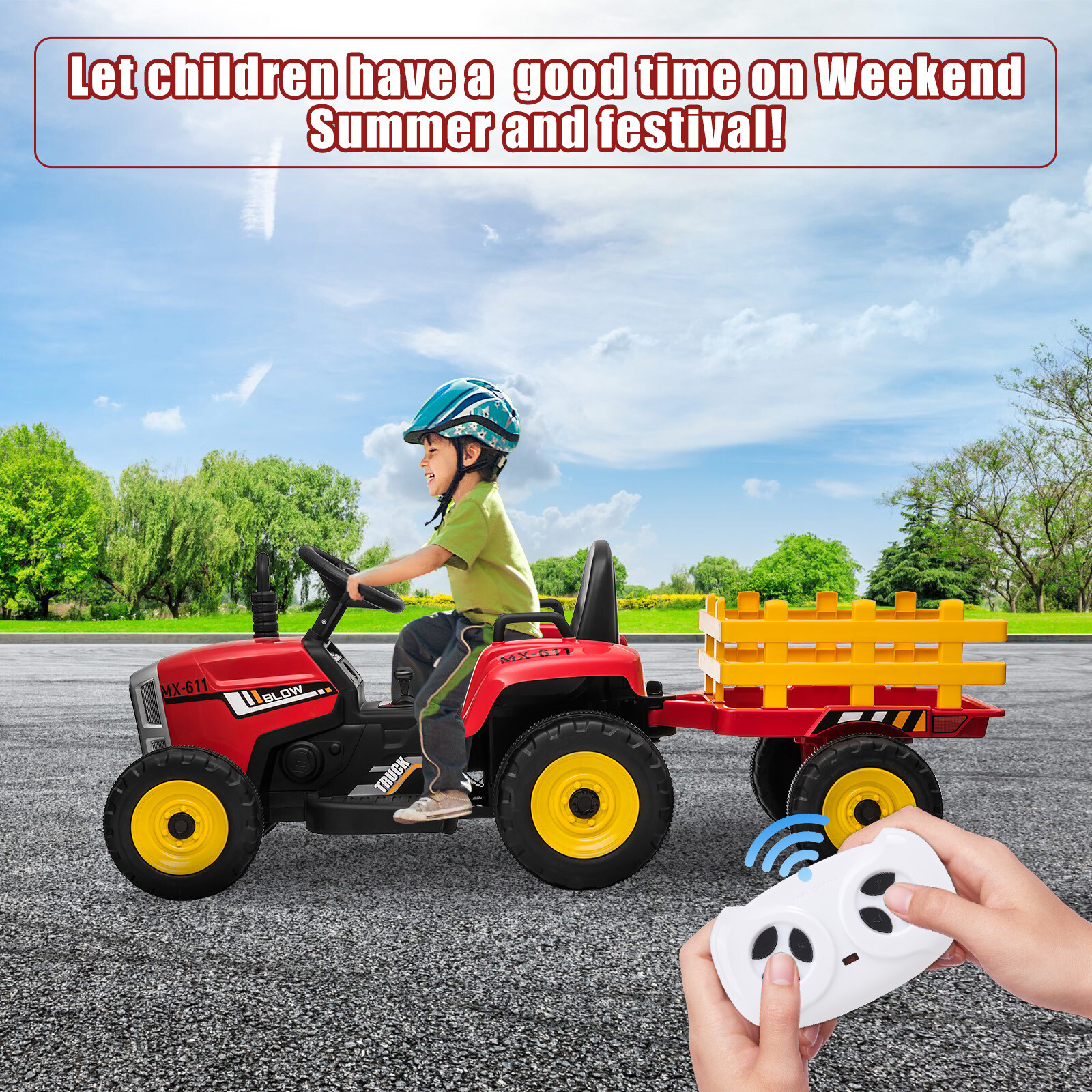 12V Kids Electric Battery-Powered Ride On Tractor Toy w/ Trailer Remote Control
