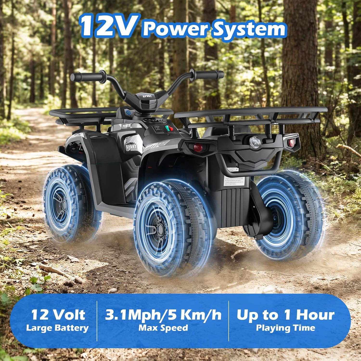 12V Kids ATV Quad with 2 Speeds, Spring Suspension, LED Lights, Music & Story Pl