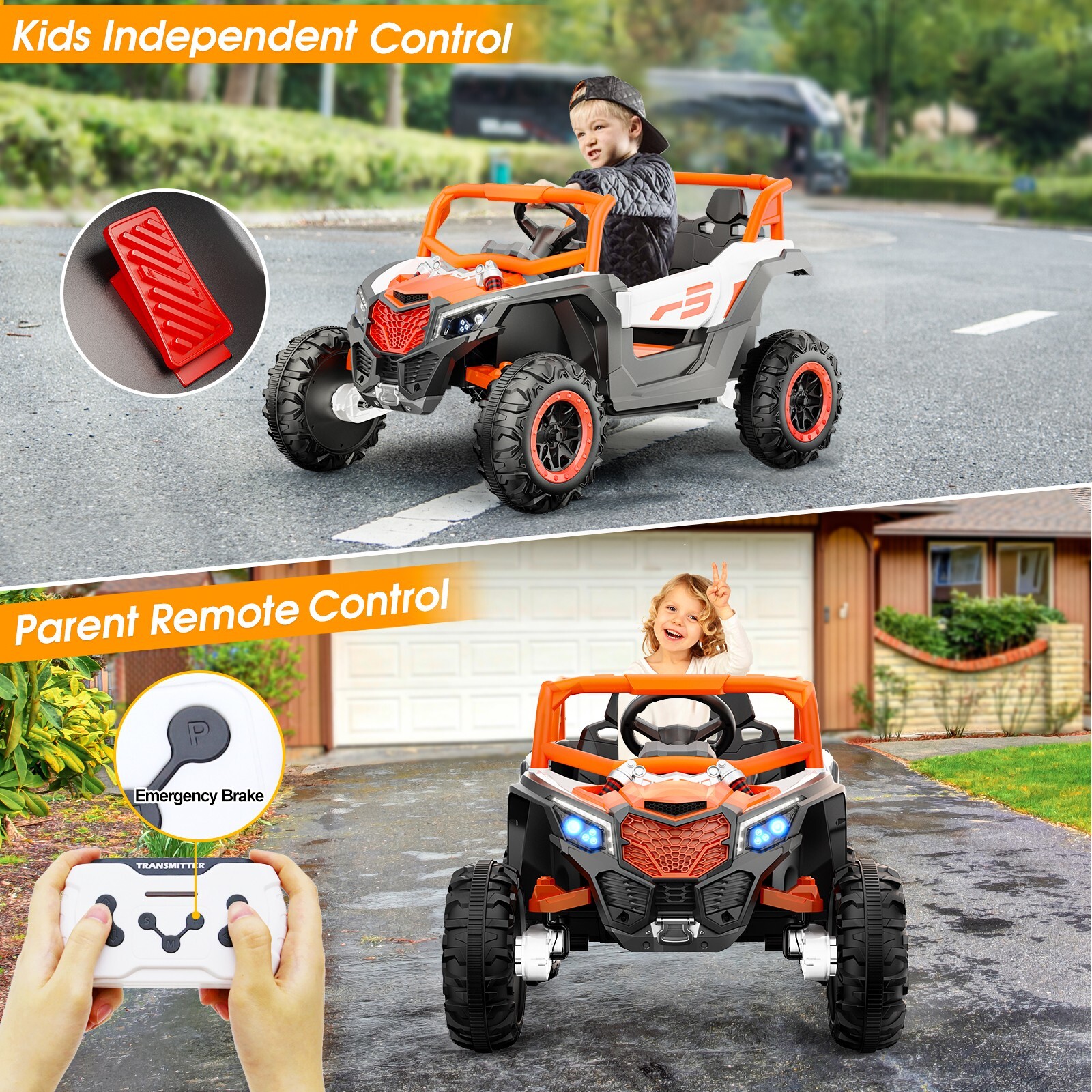 24V children’s ride with remote control, 2-seater toy UTV, Bluetooth, LED lights