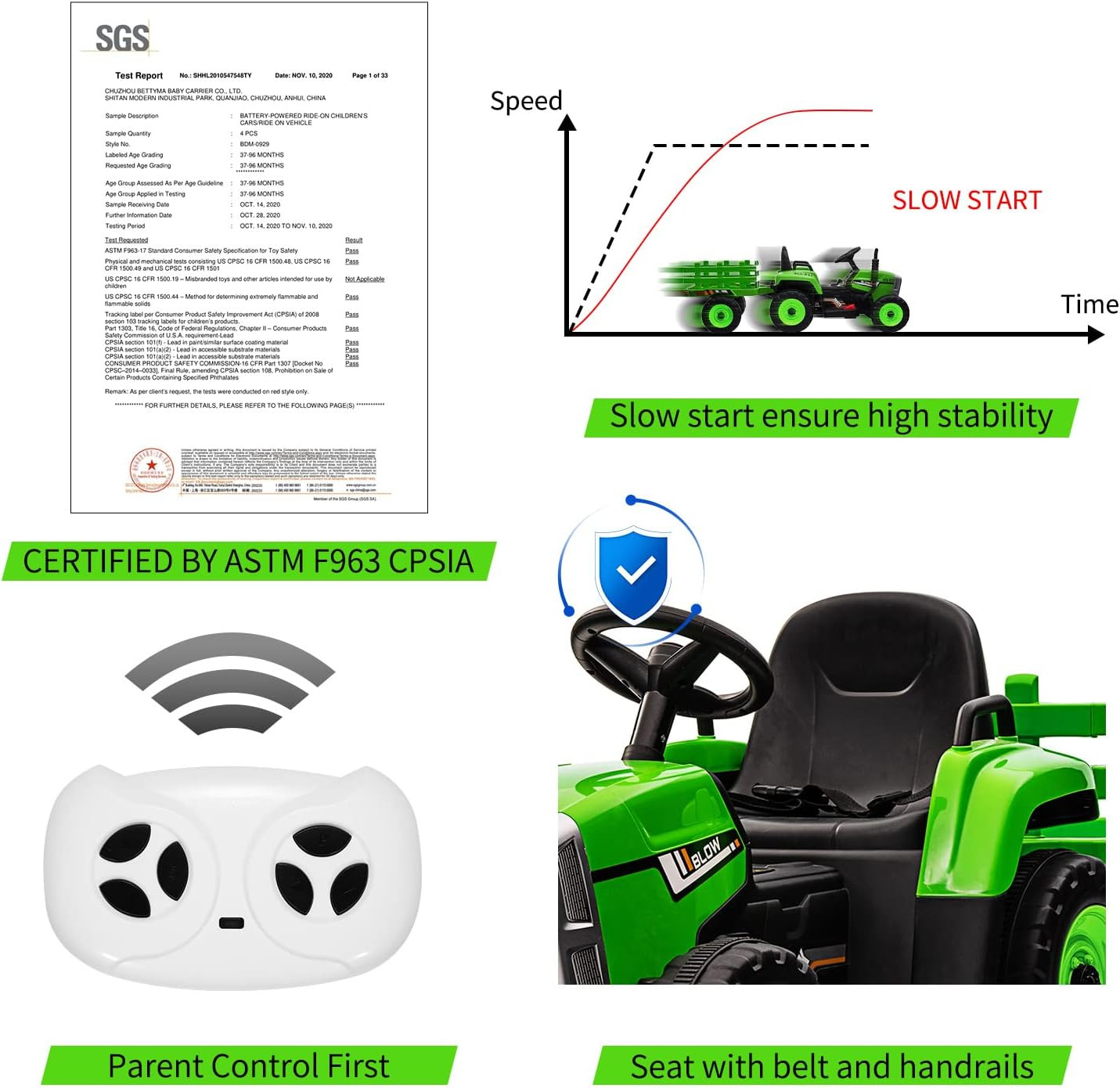 12V Kids Ride on Tractor with Trailer & Remote Control, Electric Tractor for Tod