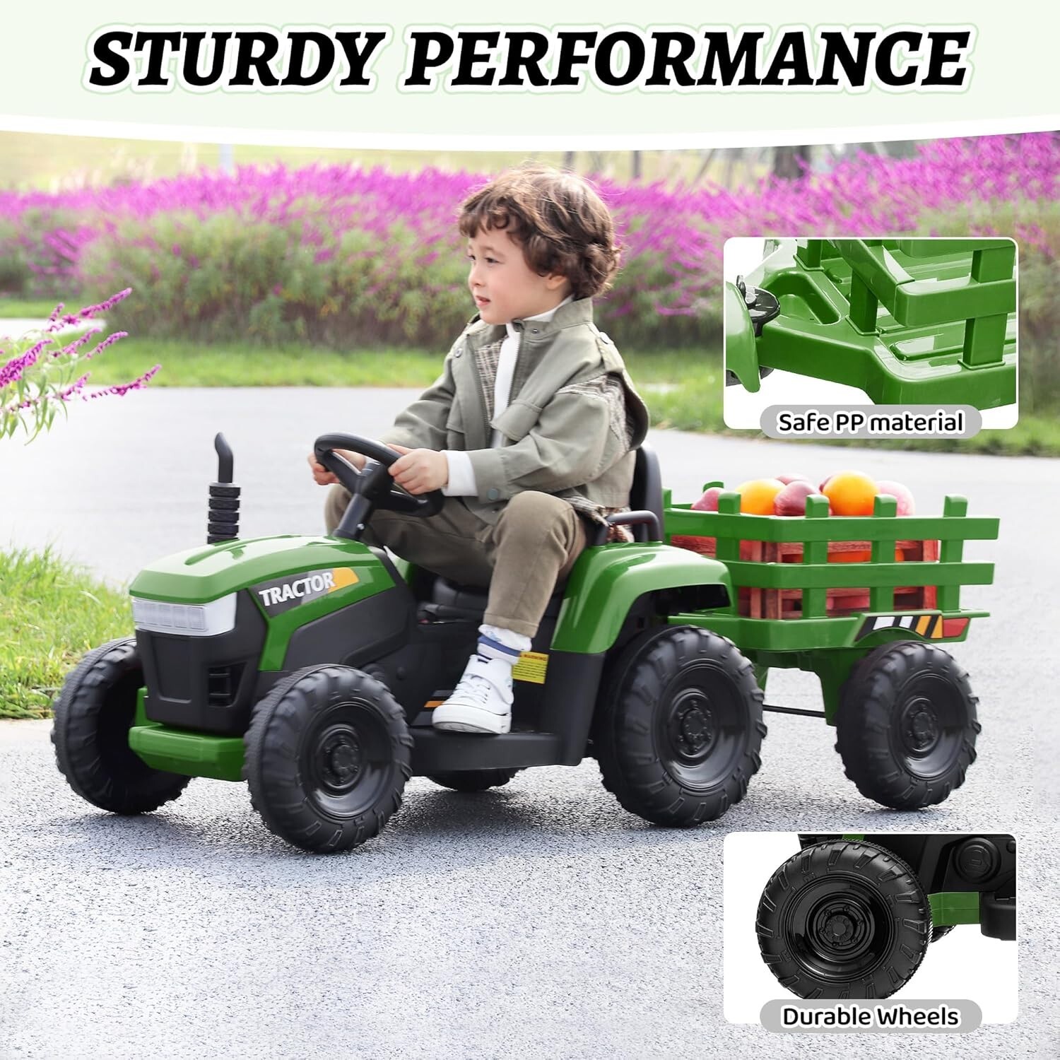 TOBBI 12V Kids Ride On Tractor Battery-Powered Toy with Trailer 35W Dual Motors
