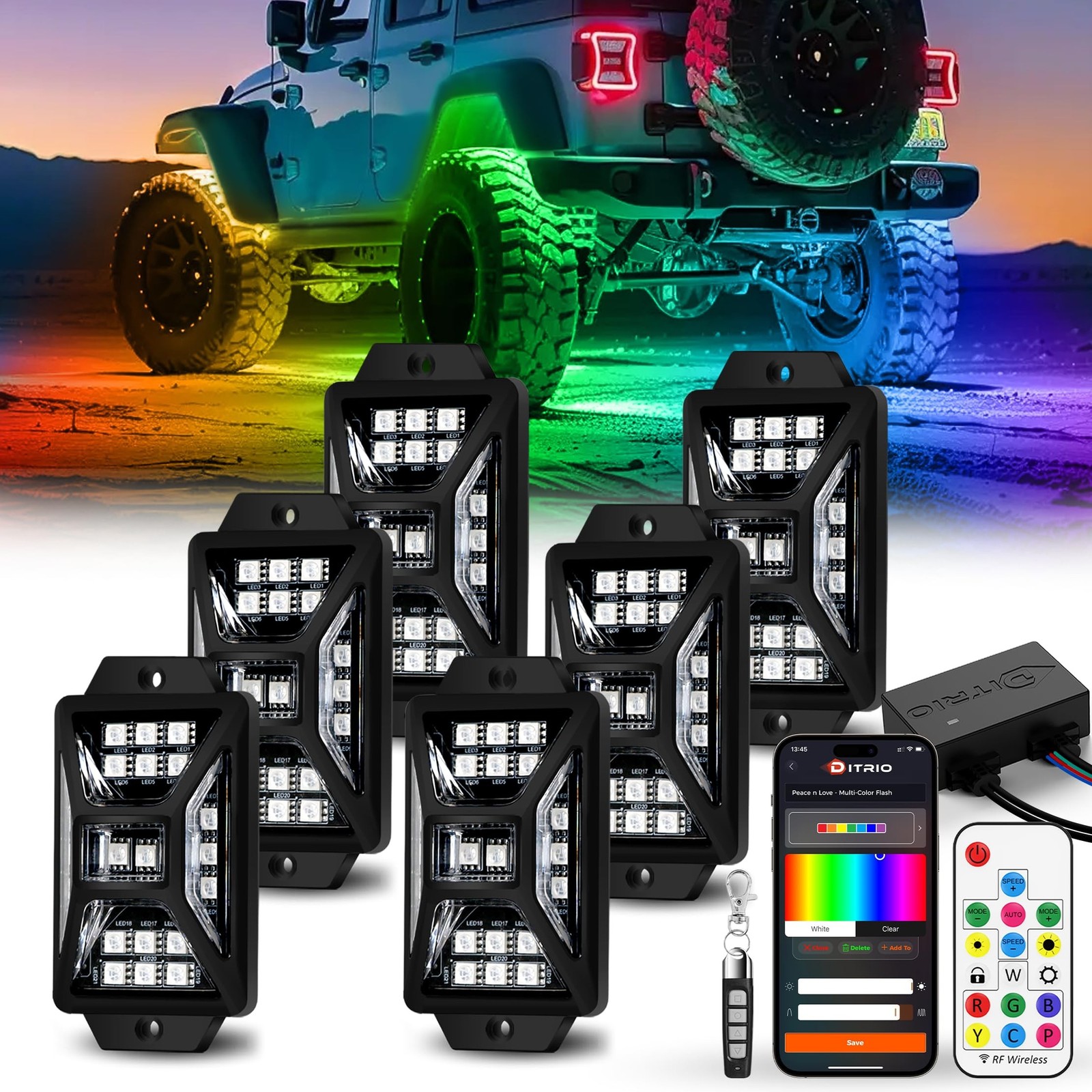 6 Pods Five Sided RGB Rock Lights for Trucks Jeep UTV SUV ATV Golf Cart, Mult…