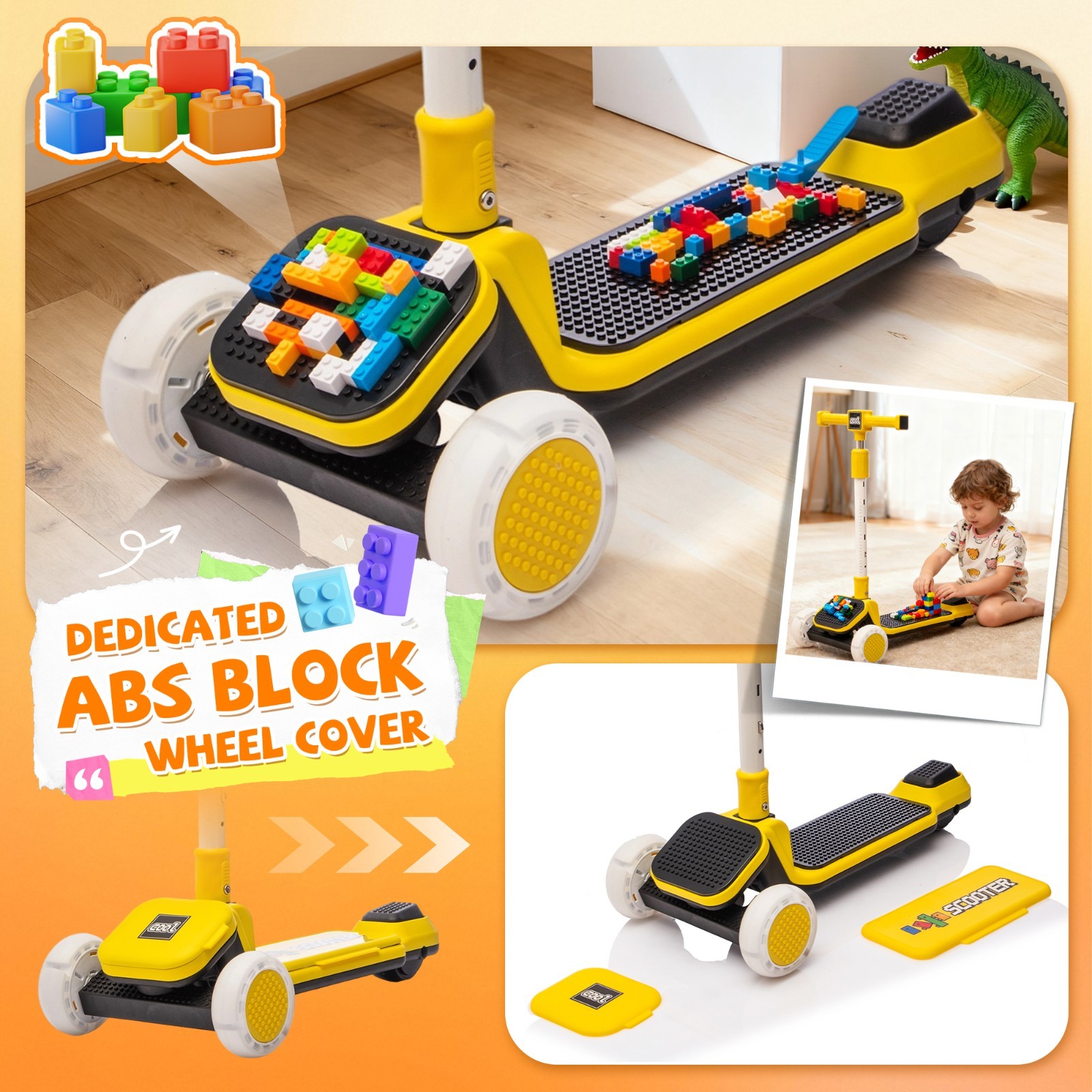 Kids 3-Wheel Scooter w/ Buildable Blocks PU Flashing Wheels Music Foldable