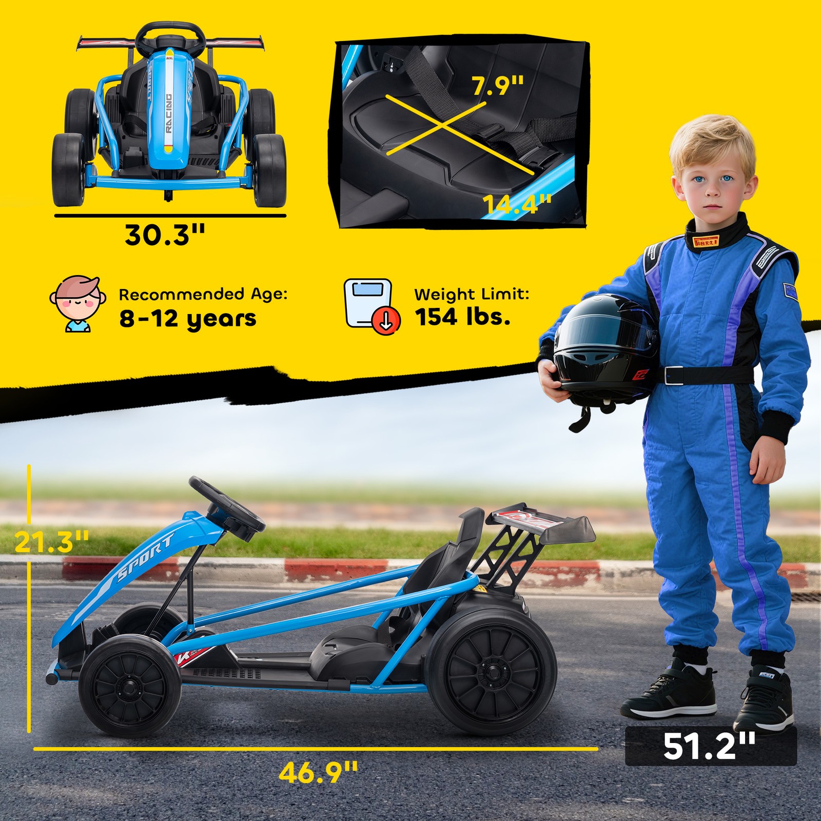 24V 8.1 MPH Electric Drift Kart for Kids with Dual Motors, Blue