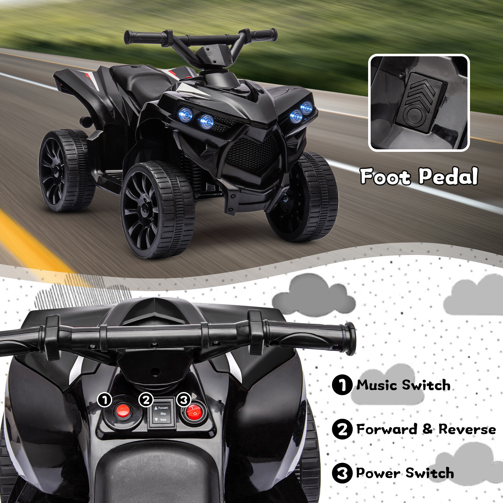Kids Ride on Toy Car, 6V Battery Powered Quad Electric Vehicle with LED Lights