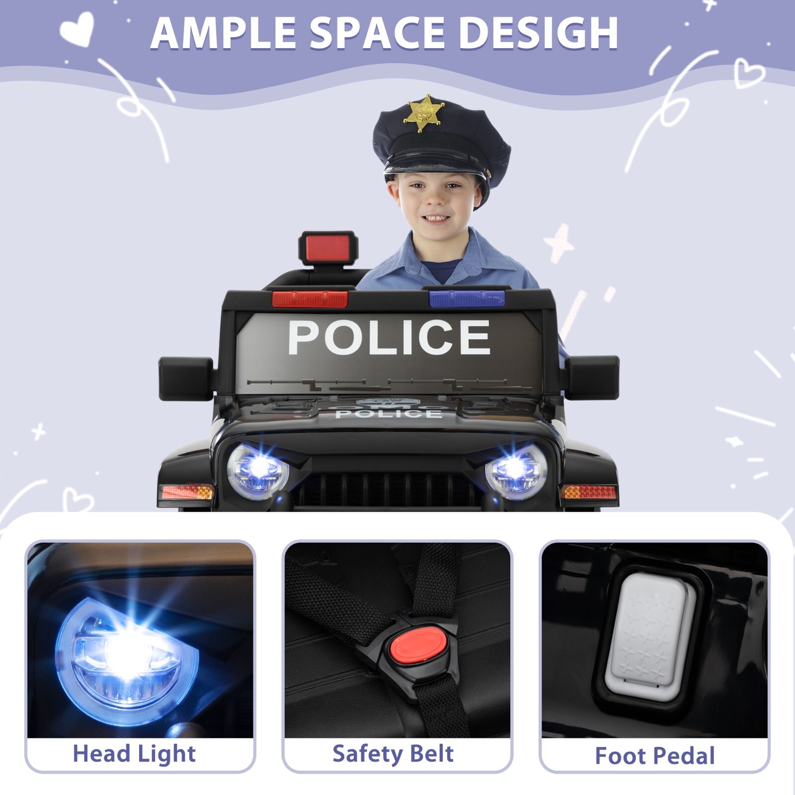 12V Police Car Ride-on Truck, Battery-Operated Electric Vehicle for Kids w/Music