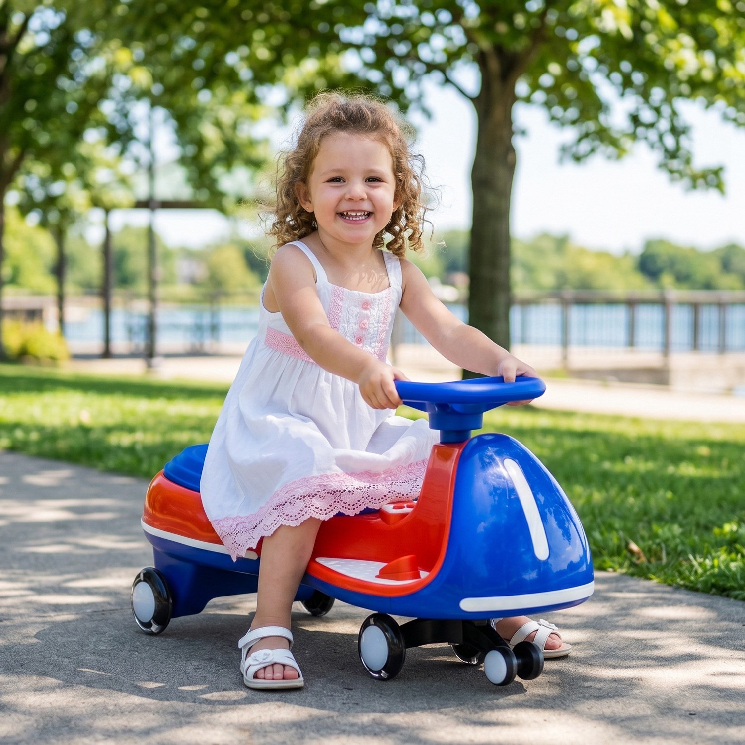 12V Kids Electric Wiggle Car with Wireless Music 2in1 Light-Up Wheels Swing Car