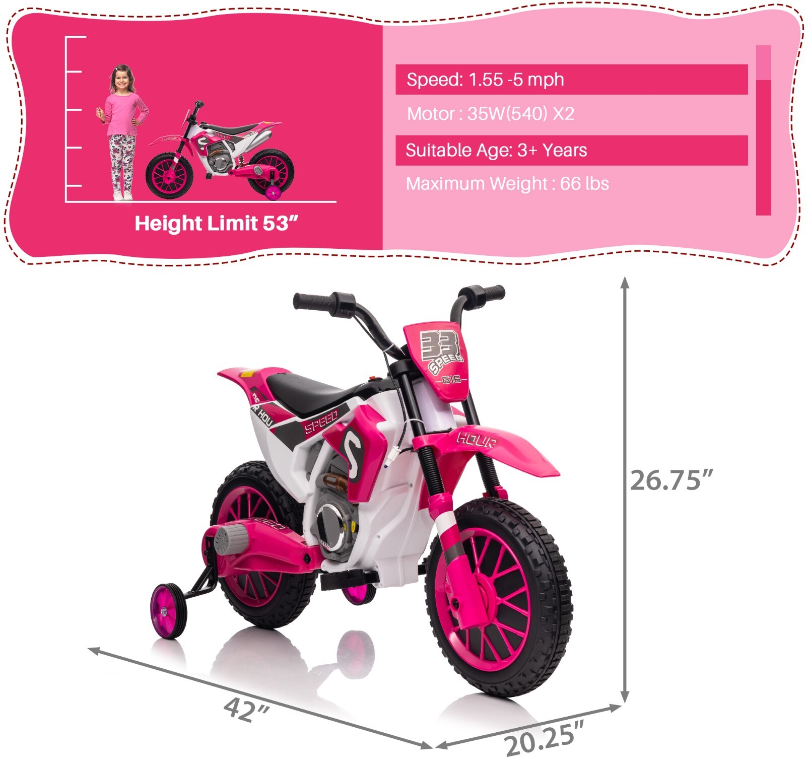 12V TOBBI Electric Motorcycle for Kids Battery Powered Ride On Toys with 2 Speed