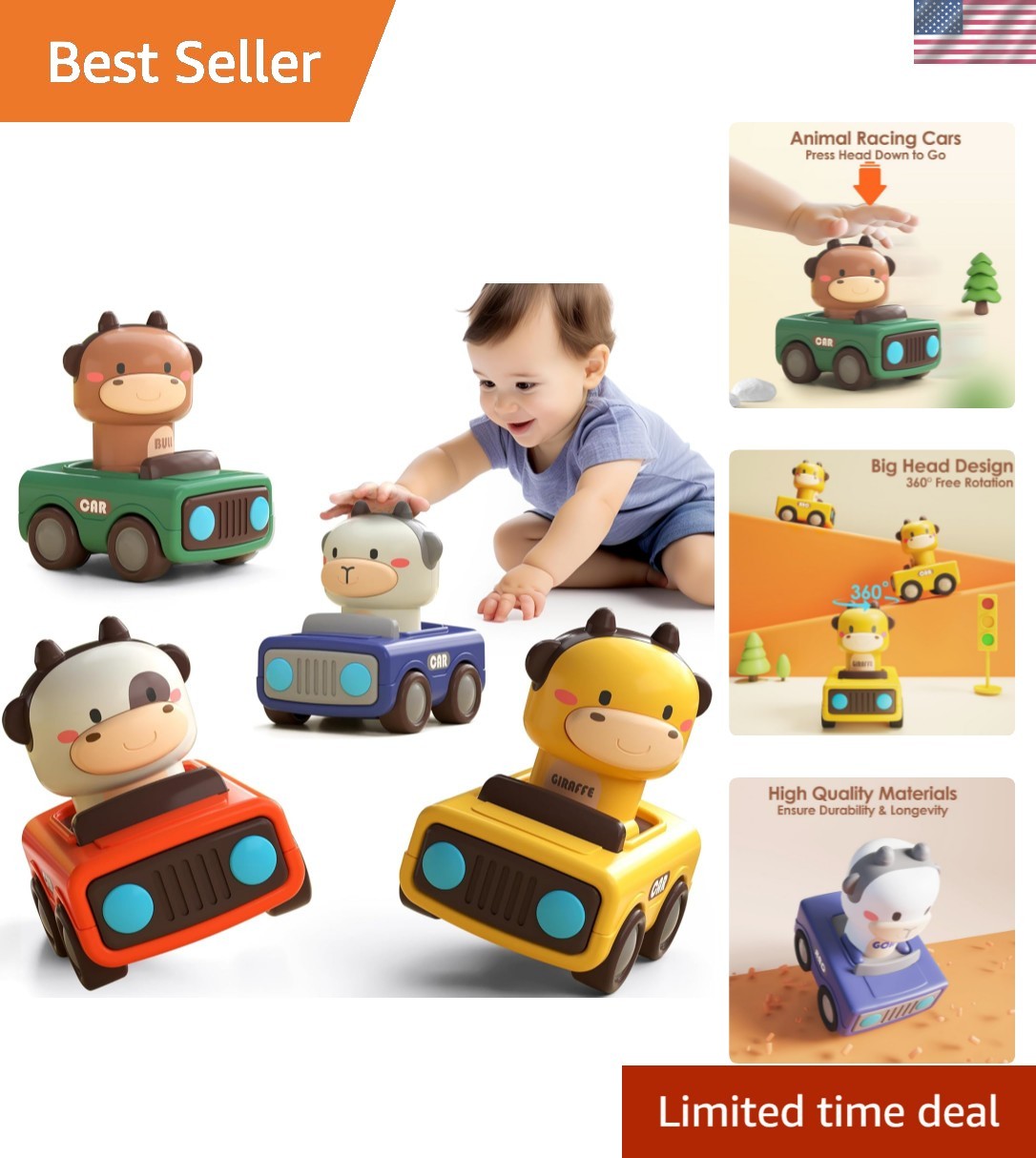 Toddler-Friendly Press to Go Animal Cars – Safe, Fun Toy for Baby Development