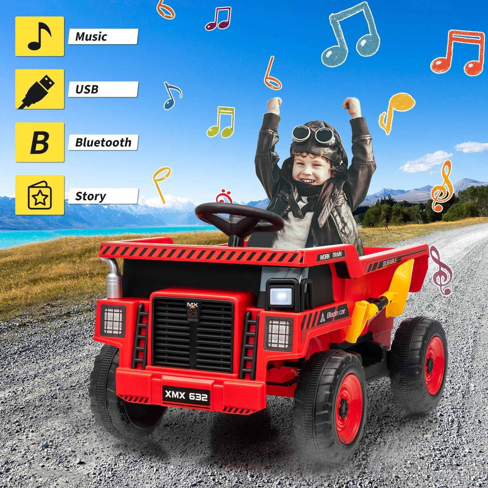 12V Ride On Dump Truck For Kids Electric Ride On Car Toys With Dump Bed & Shovel