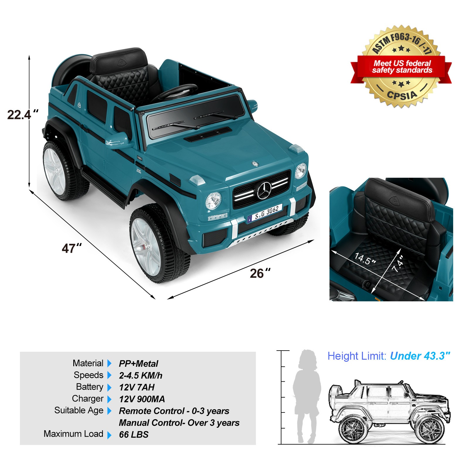 Mercedes-Benz 12V Electric Kids Blue Ride On Car with LED Lights, Music, RC