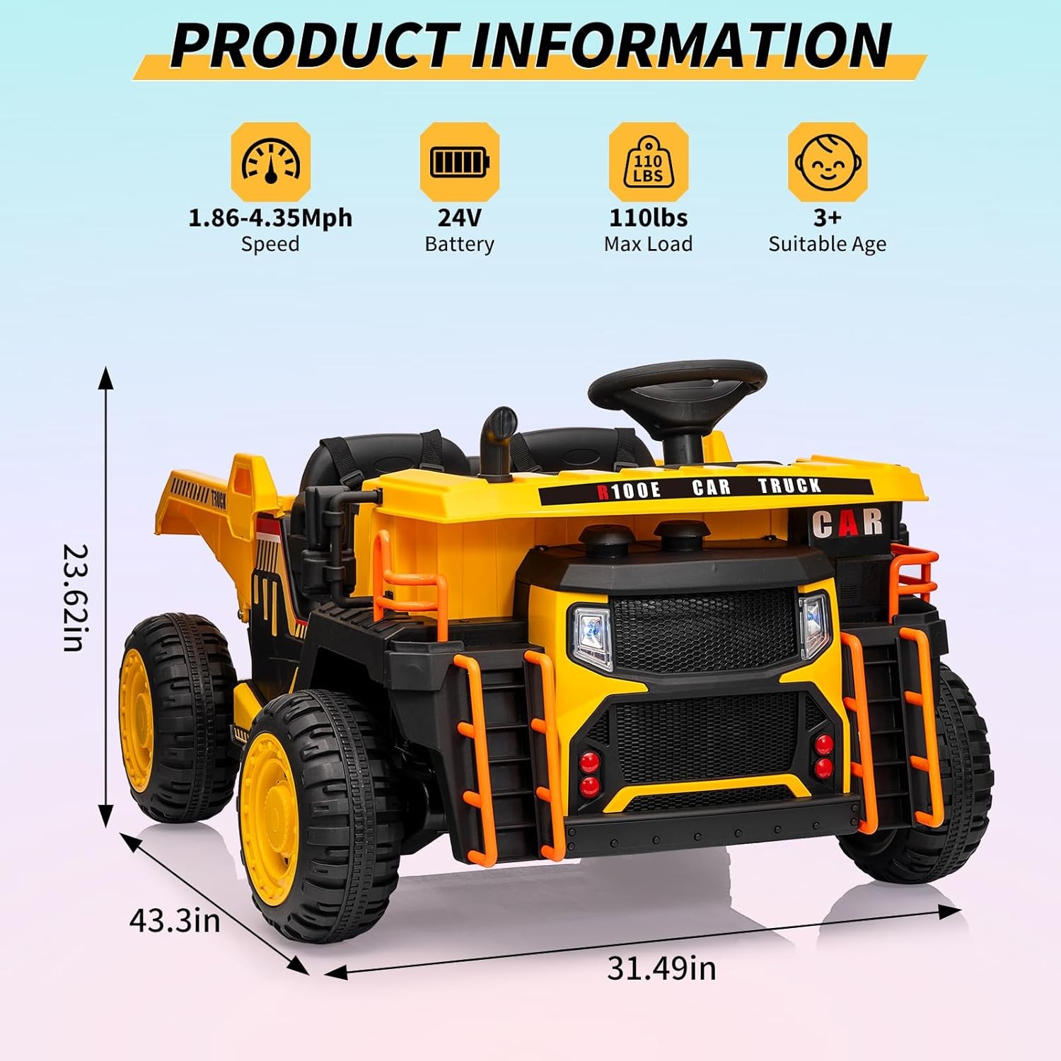 Kids Electric Dump Truck Ride On Car 2 Seater with RC,Dump Bed,4WD Motors Yellow