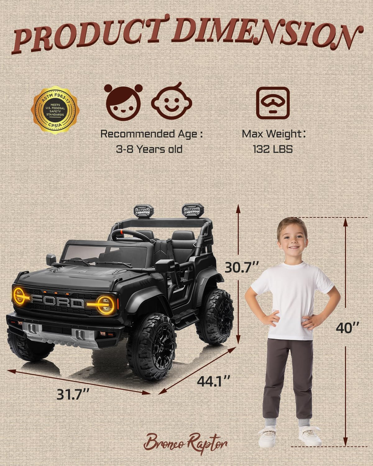 24V Ride on Toys for Big Kids, Licensed Ford Bronco Raptor Electric Car 2 Seater