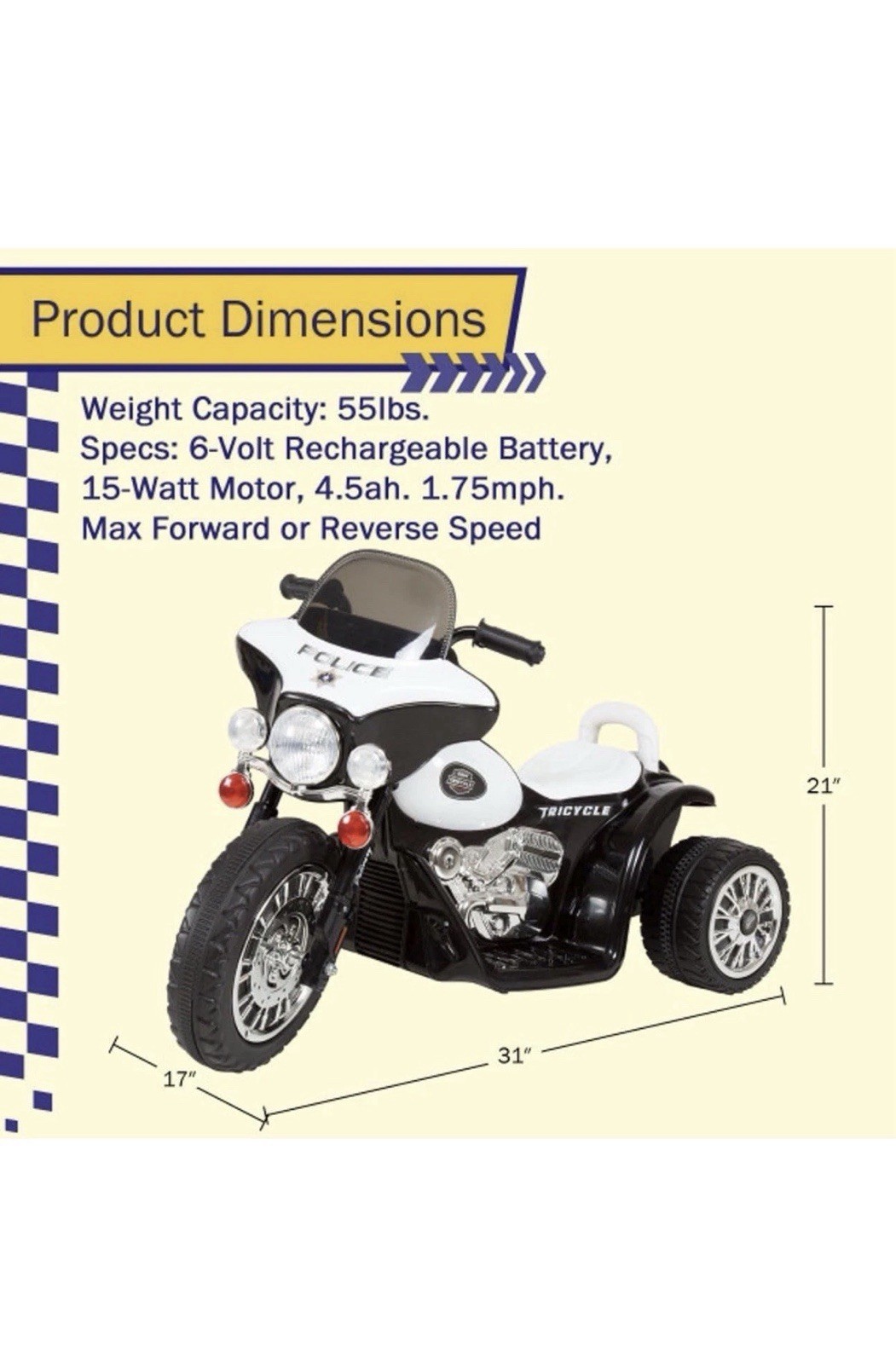 Kids Motorcycle – 3-Wheel Ride Police Decals &Headlights – 6V Electric (Black)