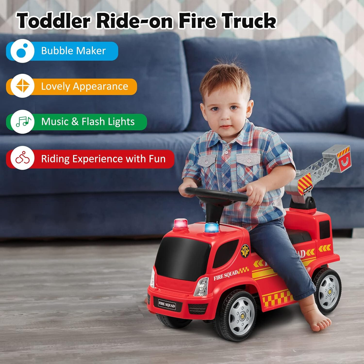 Kids Ride On Fire Truck Foot-to-Floor Sliding Car for Toddlers w/ Sounds & Music