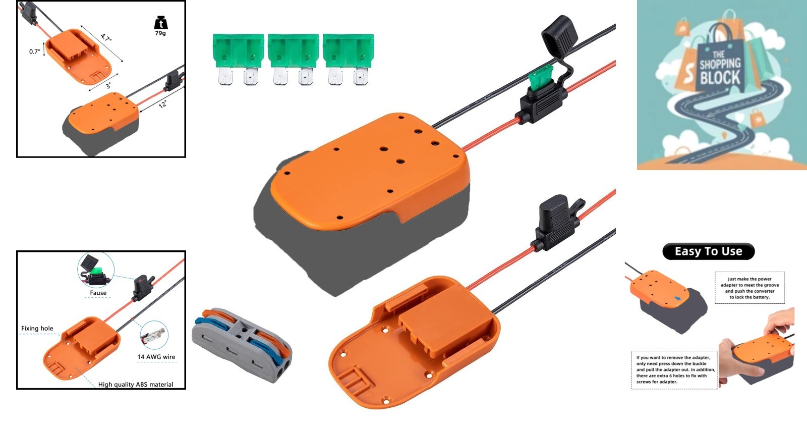 Power Wheels Battery Adapter for Ridgid 18V Batteries, Orange, 14 AWG