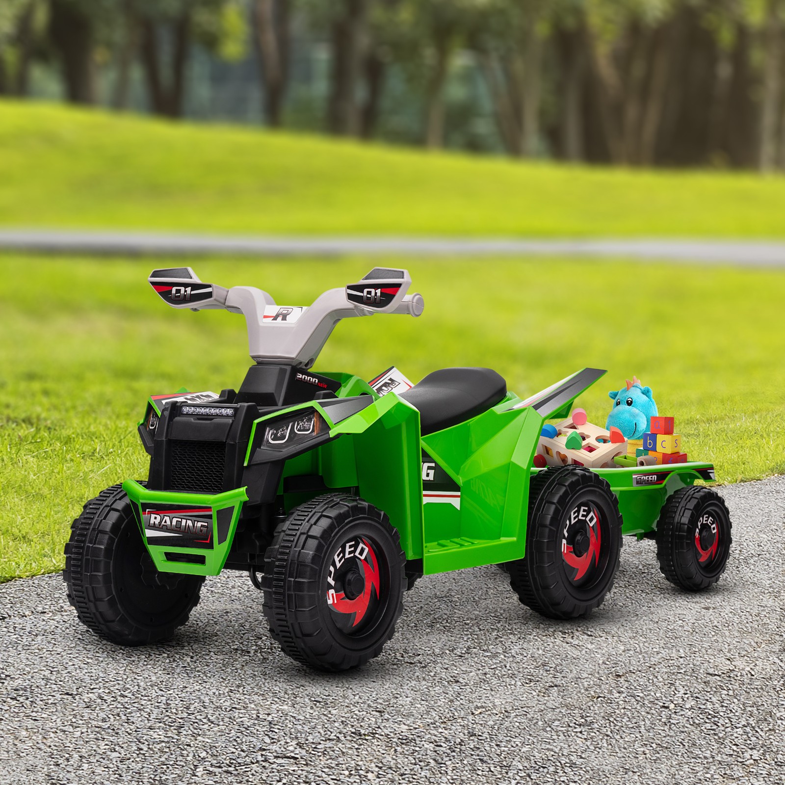 6V Kids ATV Quad Car with Back Trailer, Forward Backward Green