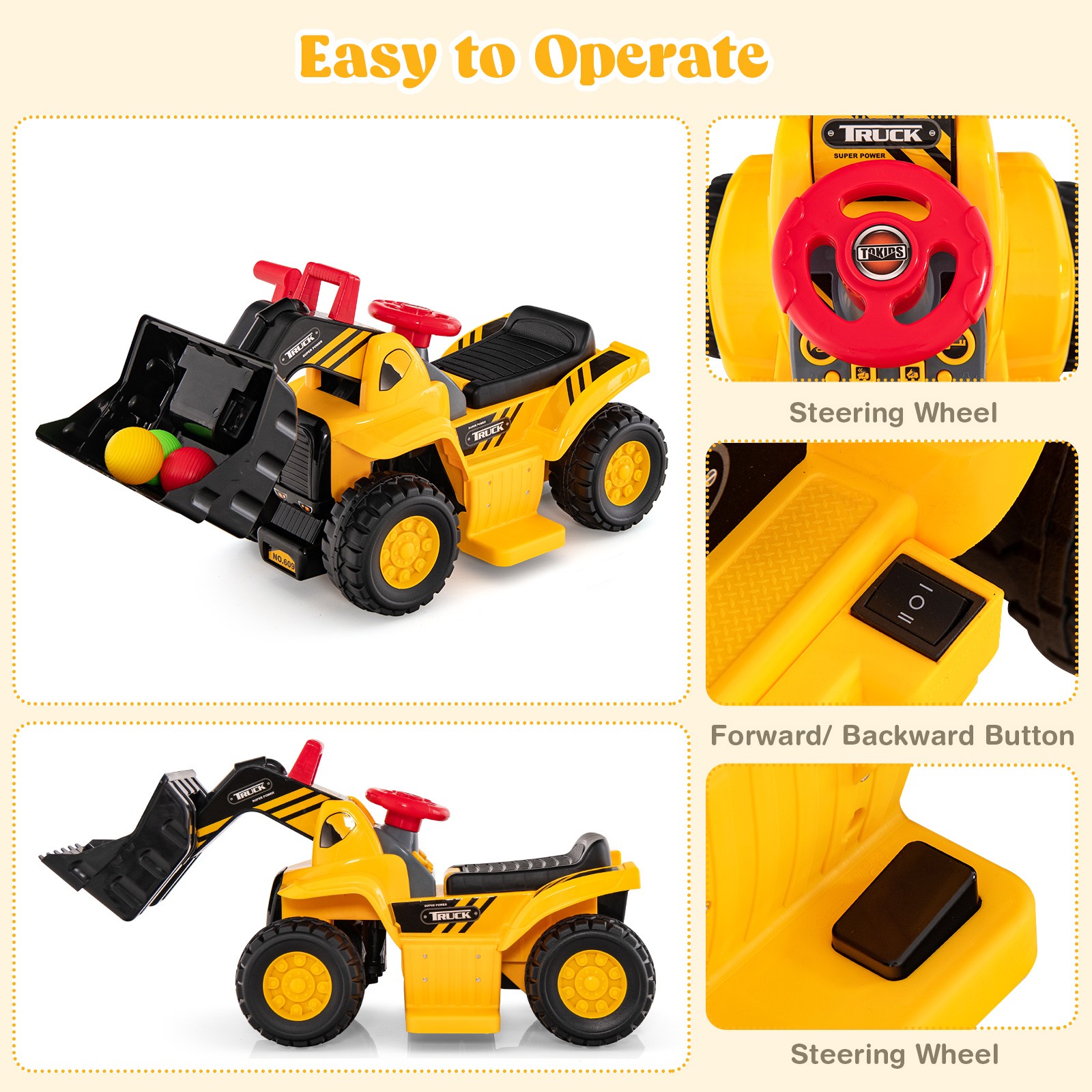6V Electric Kids Ride On Bulldozer Pretend Play Truck Toy with Adjustable Bucket