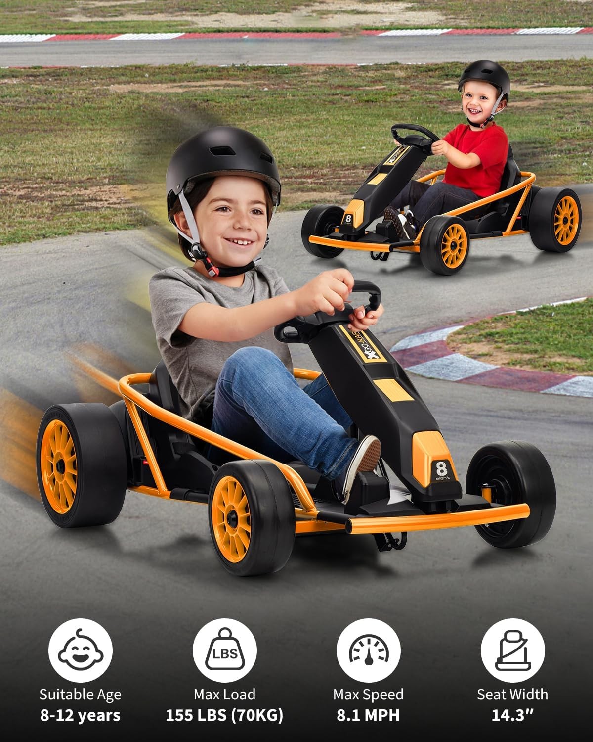 Garvee 24V 9Ah Kids Car Ride On Go Kart Toy,Racing for Kids 8-12 Years,Orange