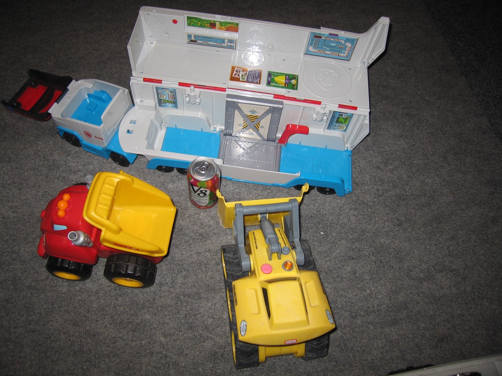 Paw Patrol W/ damage windshield plus 2 more. Tonka. Lot of three toy trucks.