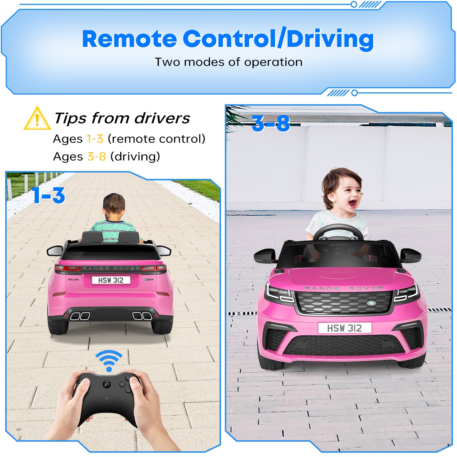 12V Land Rover Licensed Ride-On Car for Kids w/ Remote, LED Lights & Music, Pink
