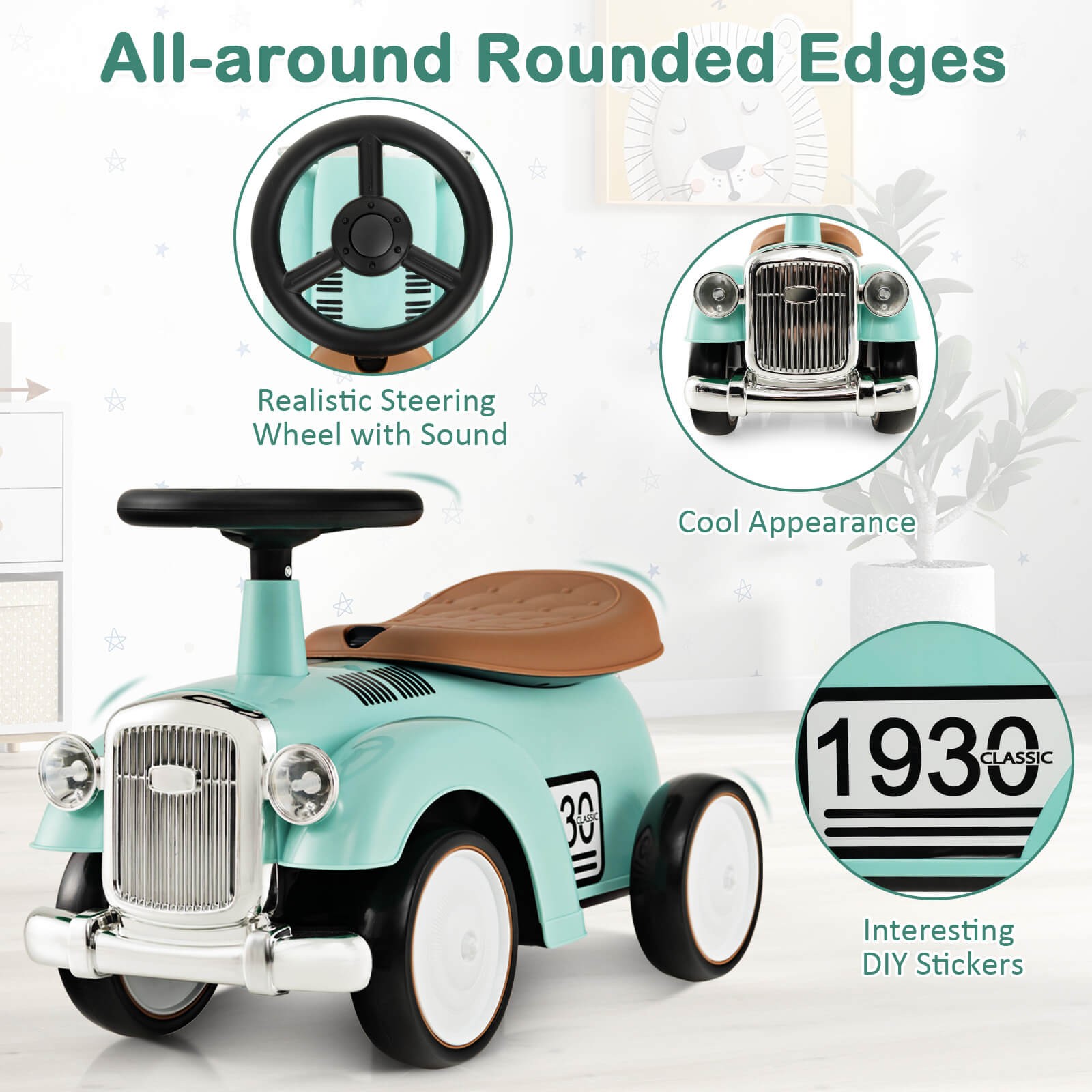 Retro Kids Ride-on Toy w/ Working Steering Wheel, Storage Space, DIY Stickers