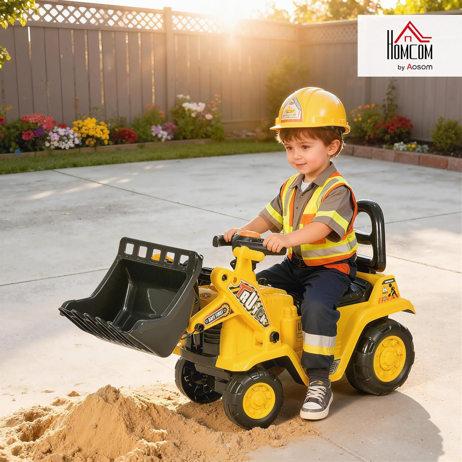 Ride on Excavator, Kids Bulldozer Pull Cart with Horn, under Seat Storage, Sit a