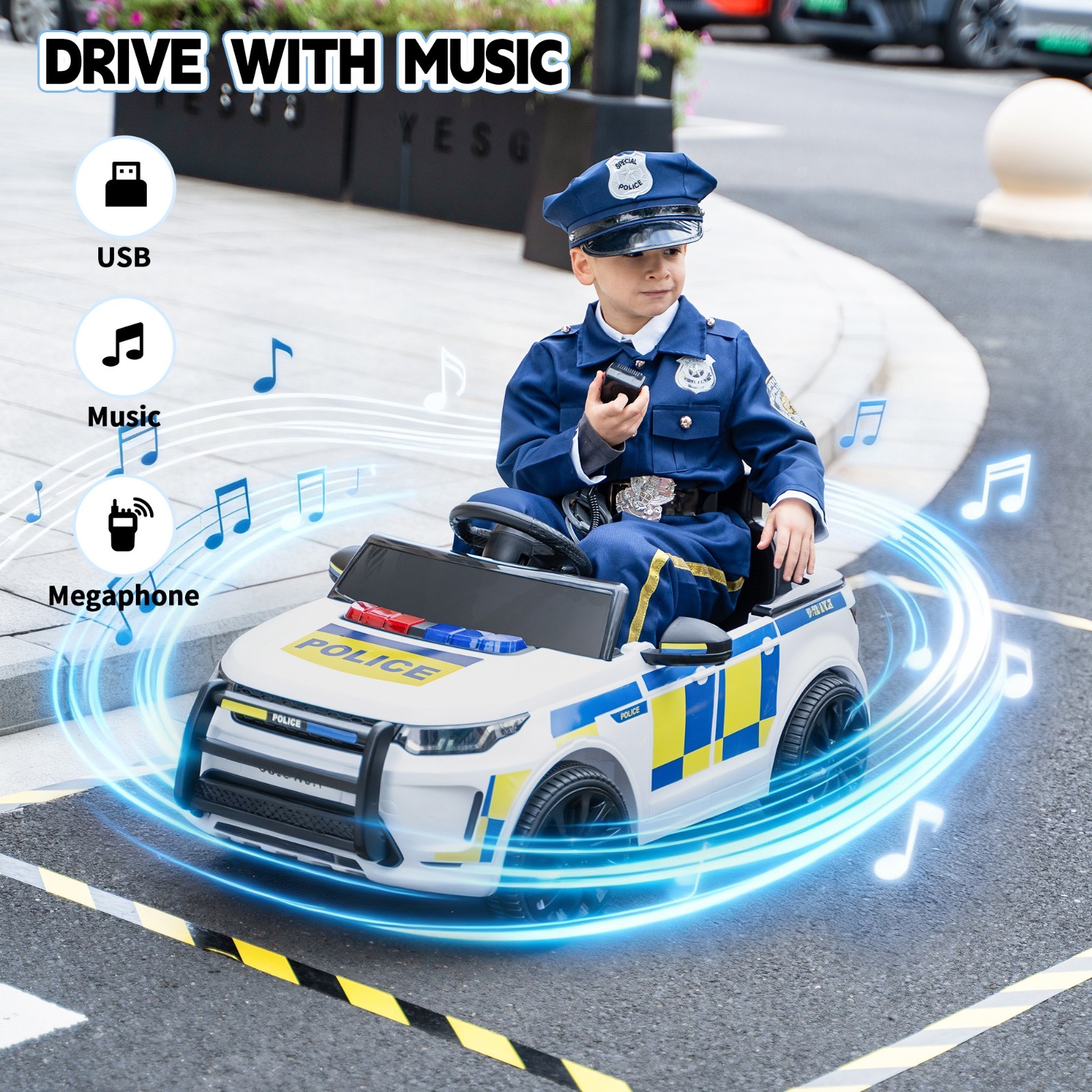TOBBI Electric Ride-On Police Car with Remote Control LED Light, Megaphone